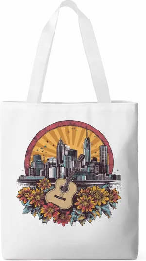 Floral Guitar Building City Skyscraper Canvas Tote Bag, Aesthetic Canvas Tote Handbags for Women Shoulder Bag