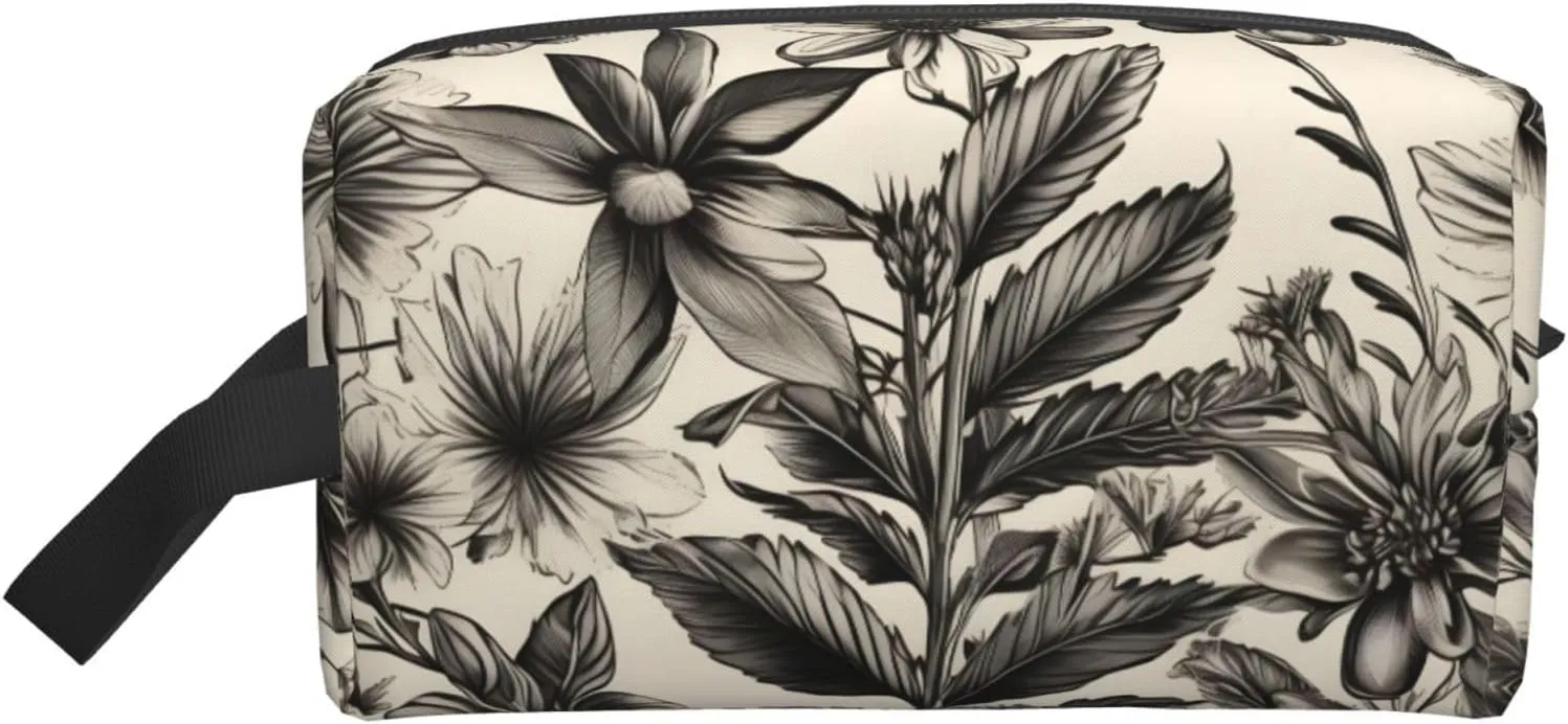 Floral Herbs Botanical Pattern Print Travel Toiletry Bag Zippered Storage Bags with Handles Portable Cosmetic Organizer