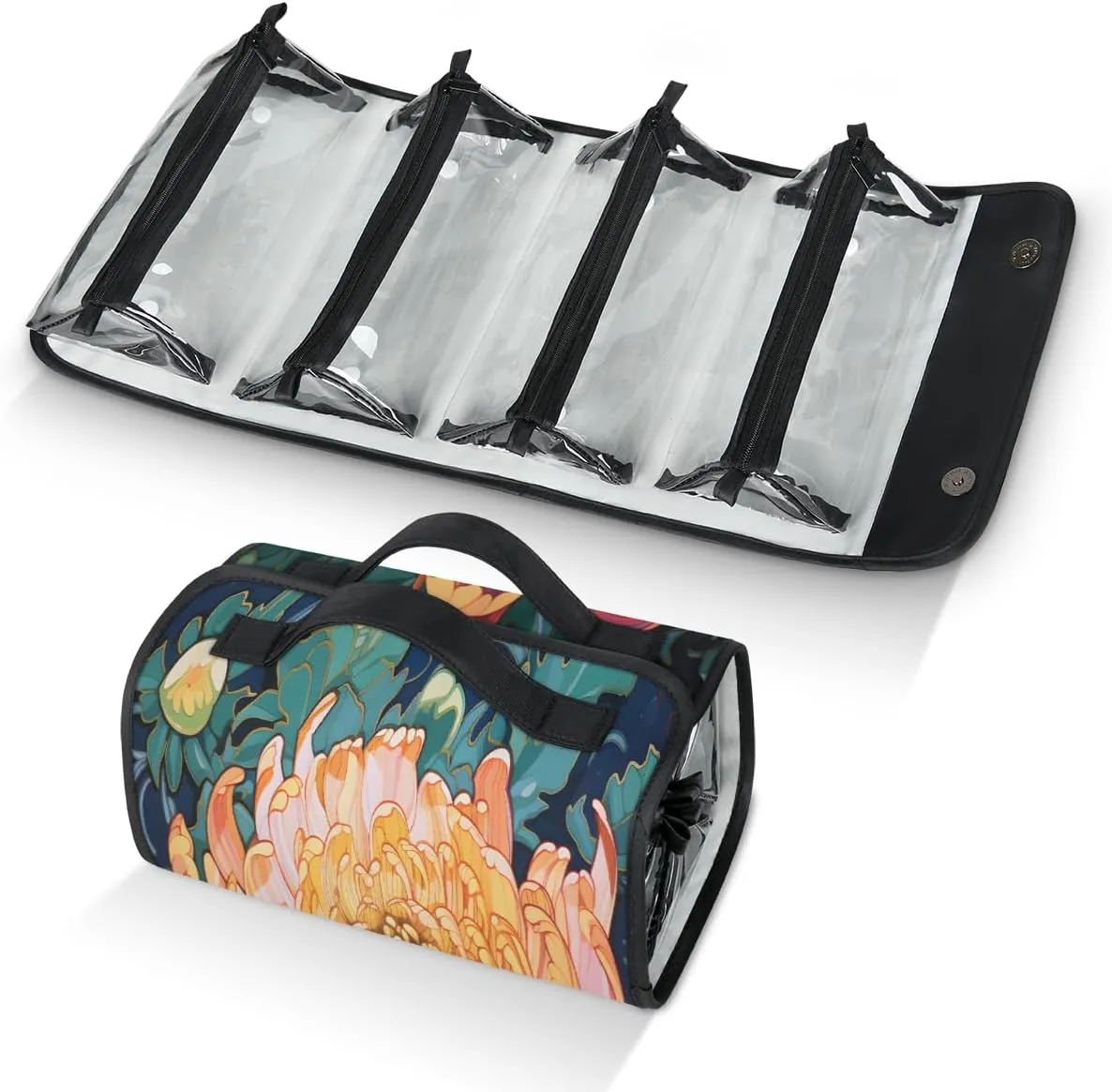 Floral Japan Travel Toiletry Bag Clear Cosmetic Bag Organizer Waterproof Foldable Makeup Bag with 4 PVC Pouches Travel Organizer Bags for Luggage Business Trip