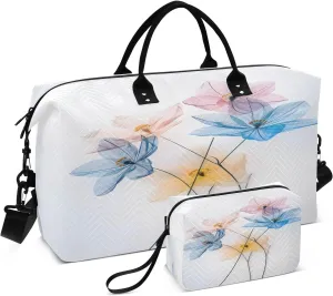 Flower Travel Duffle Bag Gym Bag, Pink Blue Translucent Flowers Weekender Bags for Women with Toiletry Bag Travel Tote Bag Swim Bag
