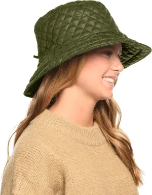 Foldable Water Repellent Quilted Rain Hat w/Adjustable Drawstring, Bucket Cap