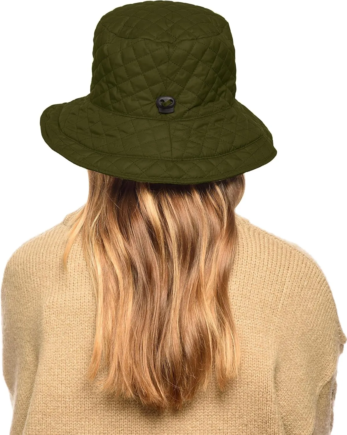 Foldable Water Repellent Quilted Rain Hat w/Adjustable Drawstring, Bucket Cap