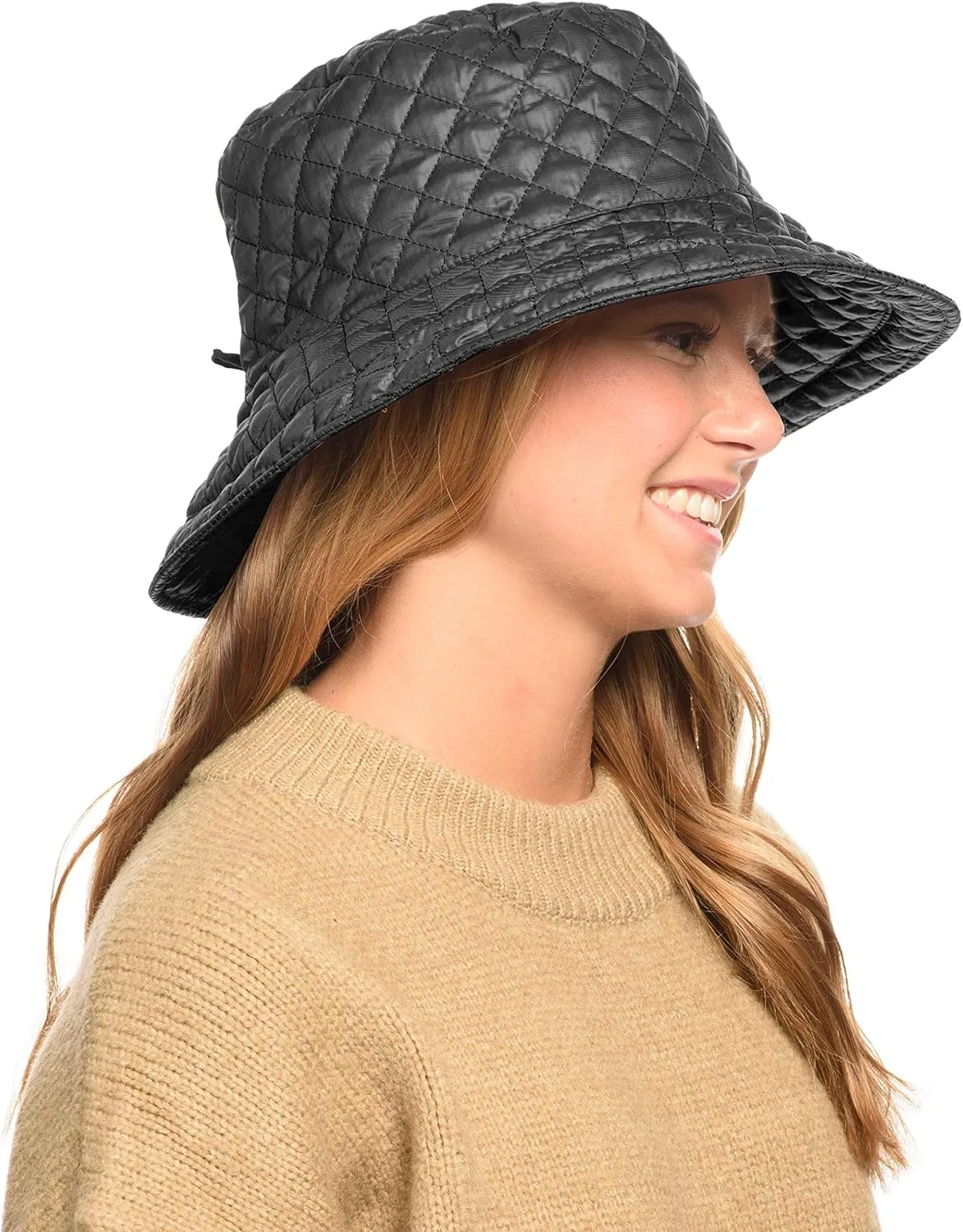 Foldable Water Repellent Quilted Rain Hat w/Adjustable Drawstring, Bucket Cap