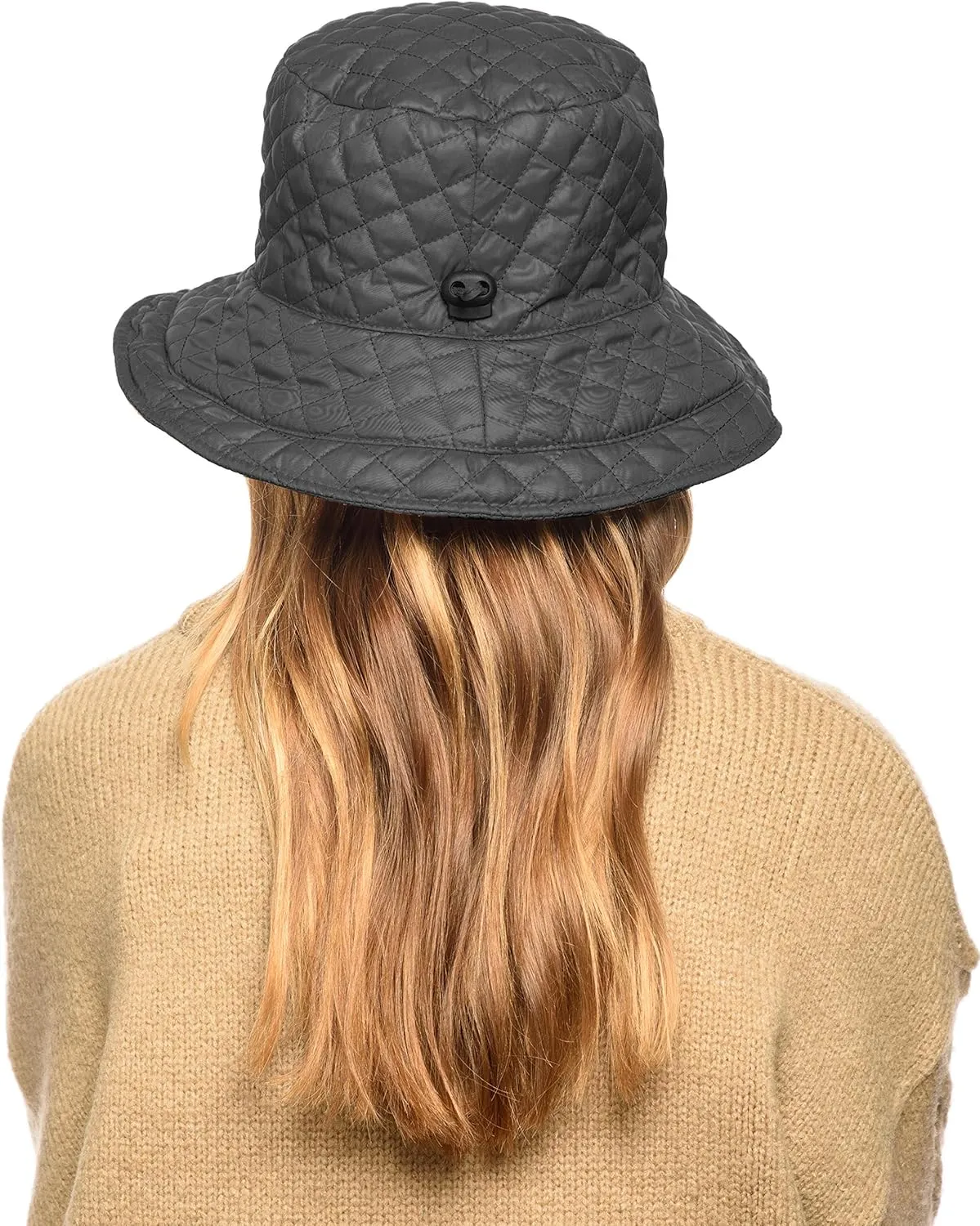 Foldable Water Repellent Quilted Rain Hat w/Adjustable Drawstring, Bucket Cap