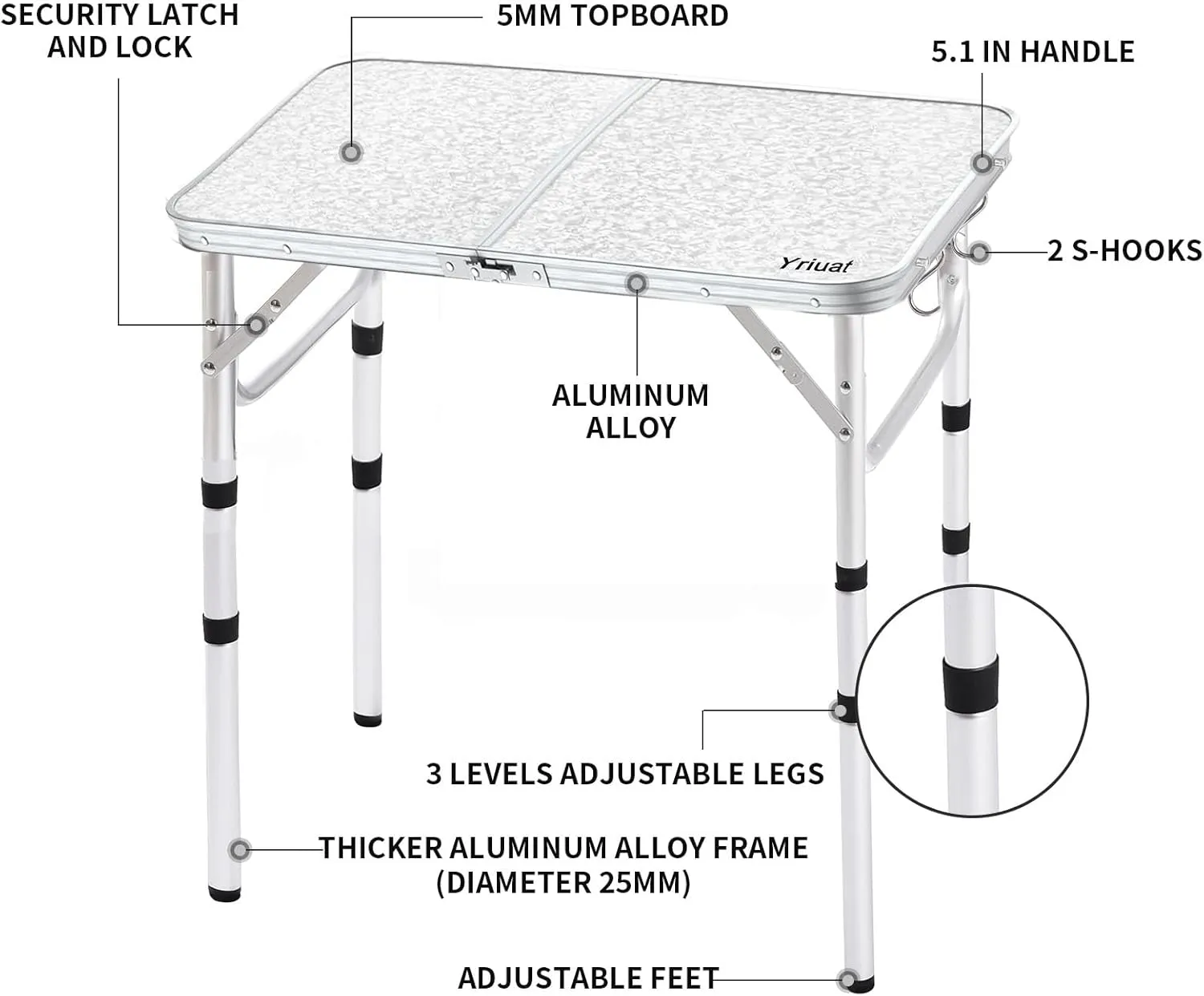 Folding Camping Table 2ft Portable Pinic Table Adjustable Height Small Card Table Aluminum Foldable Lightweight with Carry Handle for Outdoor Indoor Hiking Camp BBQ Beach