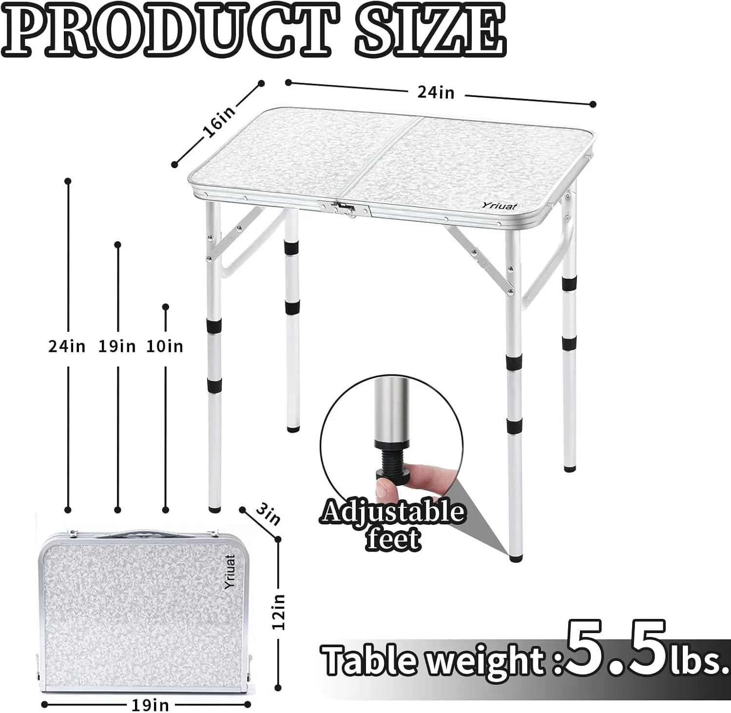 Folding Camping Table 2ft Portable Pinic Table Adjustable Height Small Card Table Aluminum Foldable Lightweight with Carry Handle for Outdoor Indoor Hiking Camp BBQ Beach