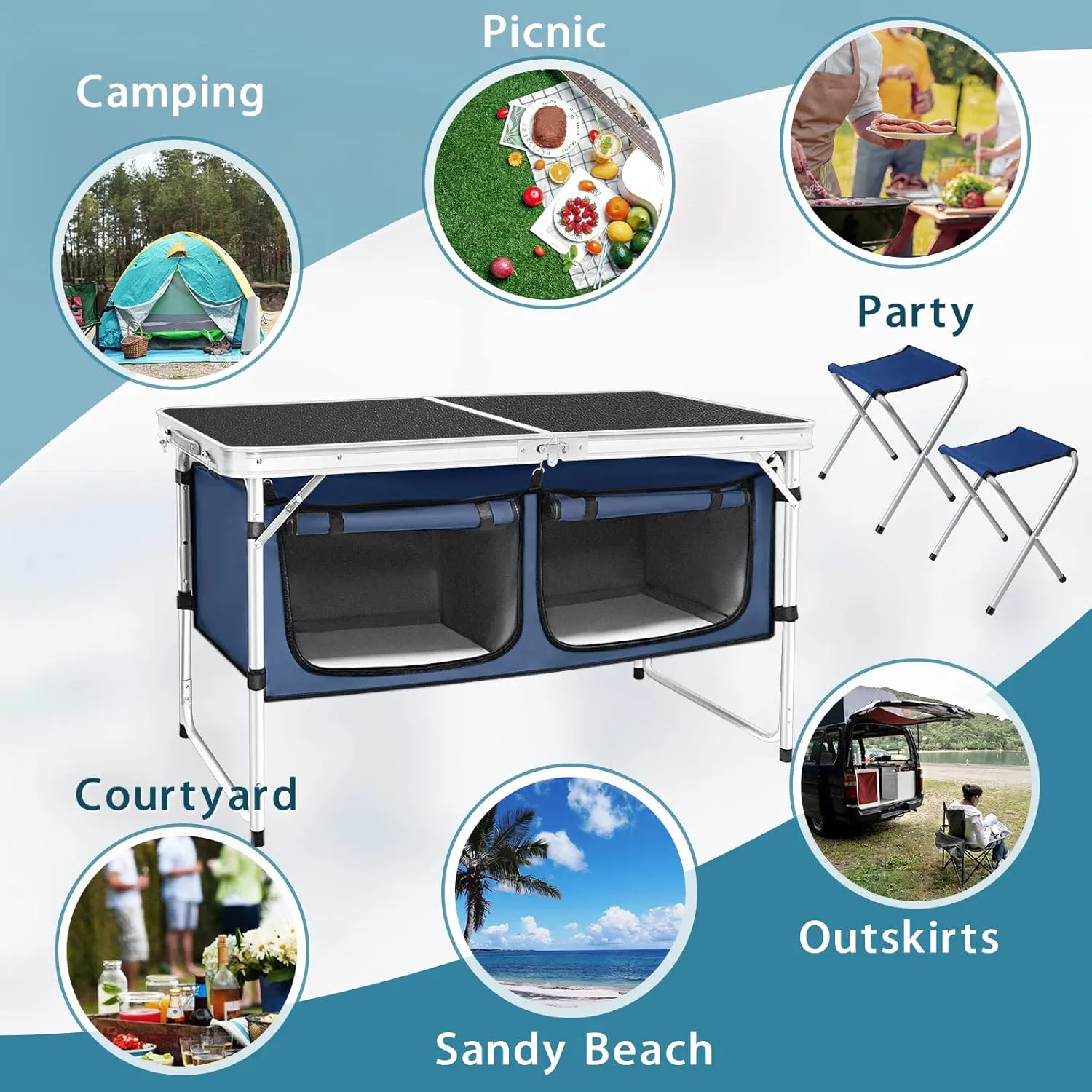 Folding Camping Table with Storage Compartment Aluminum Lightweight Camp Kitchen Table Height Adjustable Indoor/Outdoor Table Perfect for Tailgating, Backyards, BBQ, Picnic (Black-Wide W/Stool)