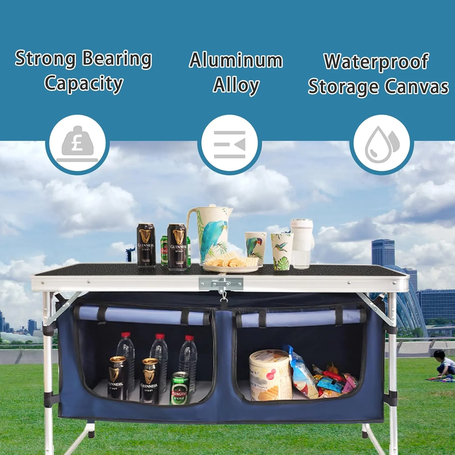 Folding Camping Table with Storage Compartment Aluminum Lightweight Camp Kitchen Table Height Adjustable Indoor/Outdoor Table Perfect for Tailgating, Backyards, BBQ, Picnic (Black-Wide W/Stool)