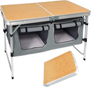 Folding Camping Table with Storage Lightweight Camp Tables Portable Indoor/Outdoor Collapsible Table Height Adjustable Camp Kitchen Perfect for Picnic, Beach, Travel, Tailgating, Backyards, BBQ, Party