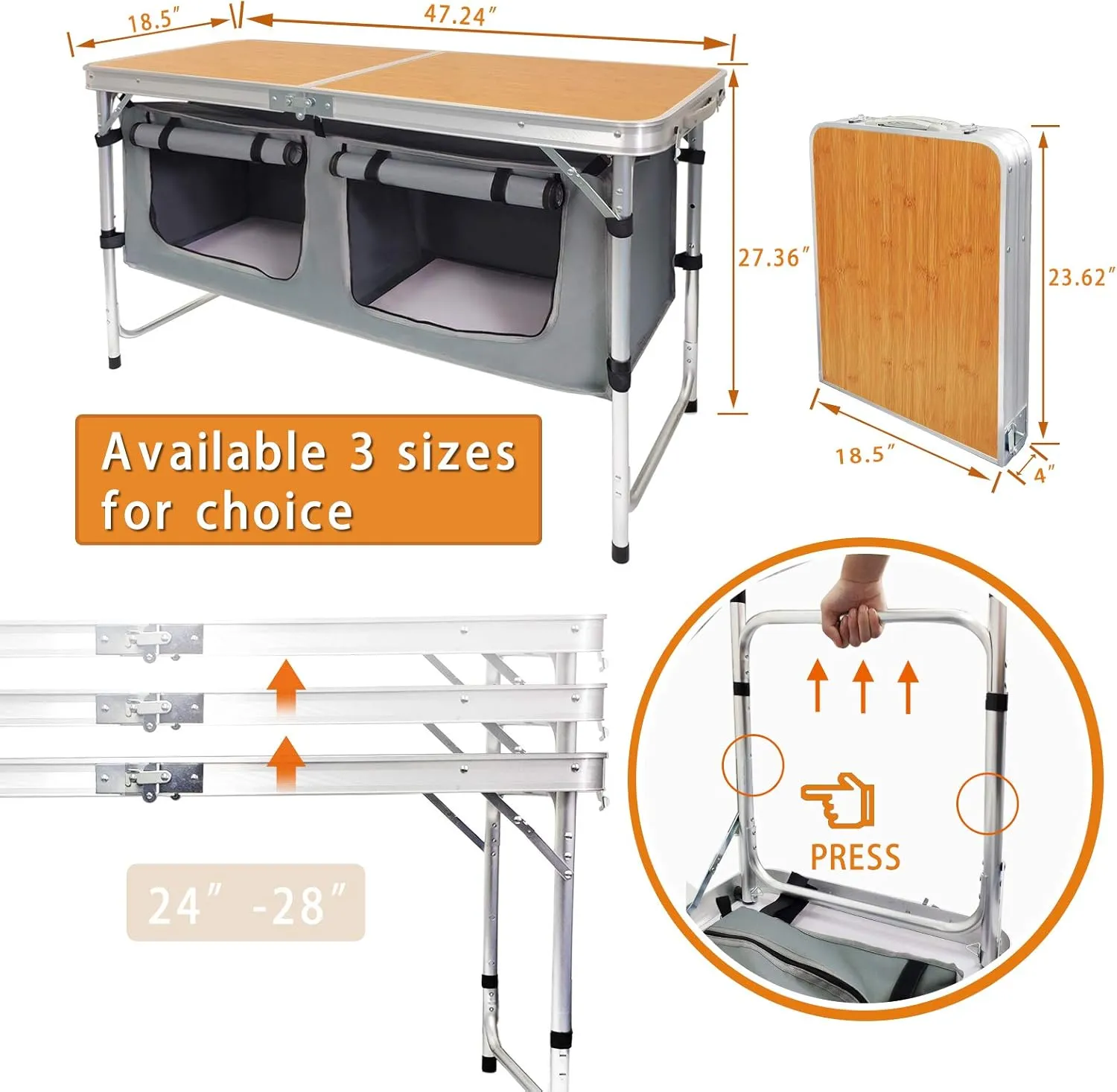 Folding Camping Table with Storage Lightweight Camp Tables Portable Indoor/Outdoor Collapsible Table Height Adjustable Camp Kitchen Perfect for Picnic, Beach, Travel, Tailgating, Backyards, BBQ, Party