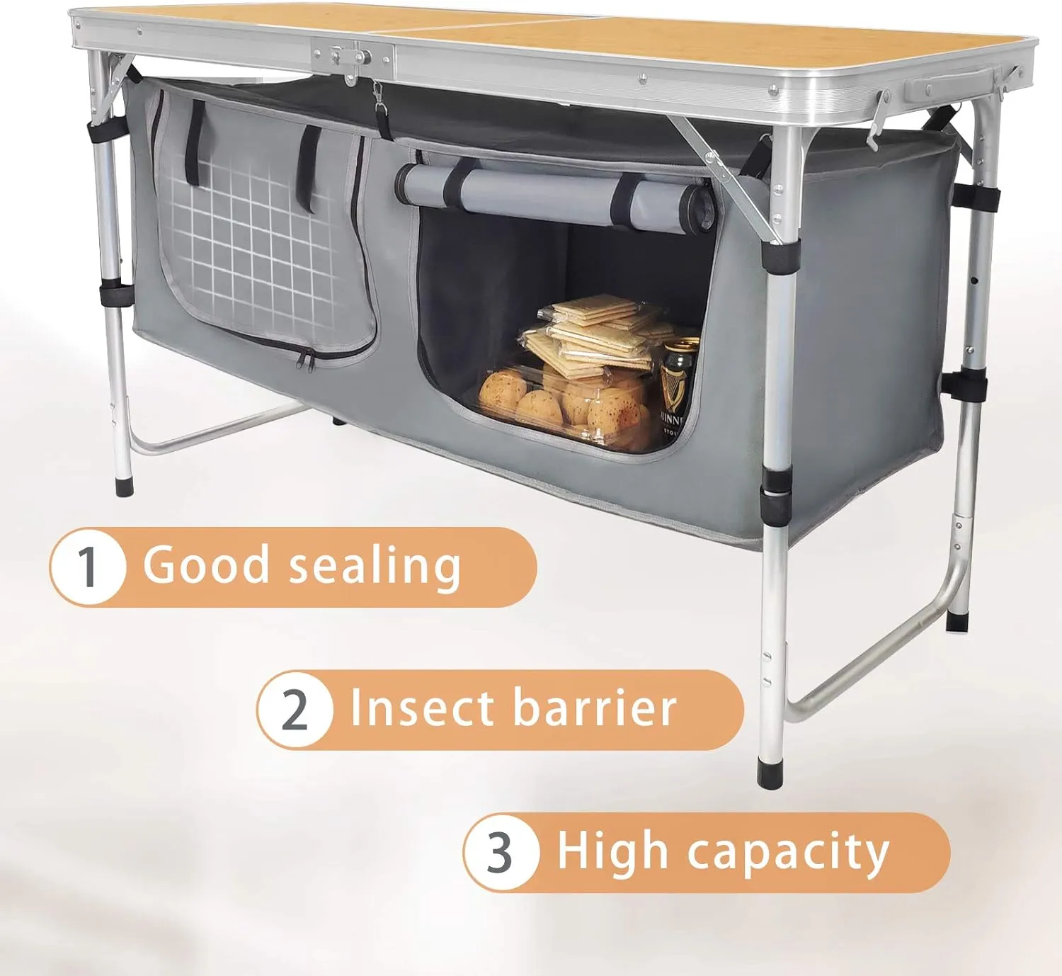 Folding Camping Table with Storage Lightweight Camp Tables Portable Indoor/Outdoor Collapsible Table Height Adjustable Camp Kitchen Perfect for Picnic, Beach, Travel, Tailgating, Backyards, BBQ, Party