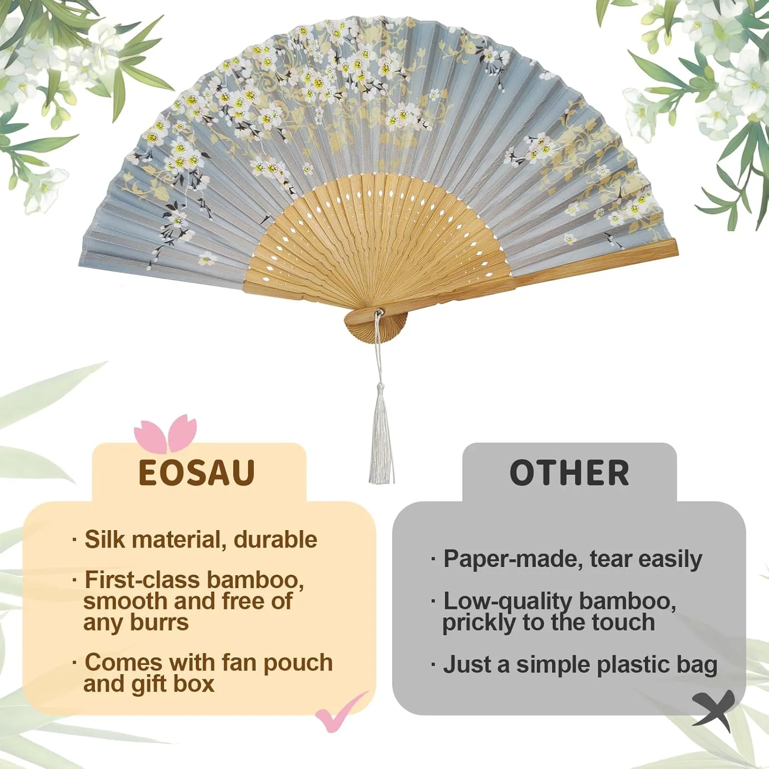 Folding Fan Handheld Bamboo Silk Hand Fans for Women Foldable Chinese/Japanese Style for Dancing Wedding Party Church Gift (Grey Sakura)