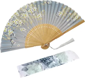 Folding Fan Handheld Bamboo Silk Hand Fans for Women Foldable Chinese/Japanese Style for Dancing Wedding Party Church Gift (Grey Sakura)