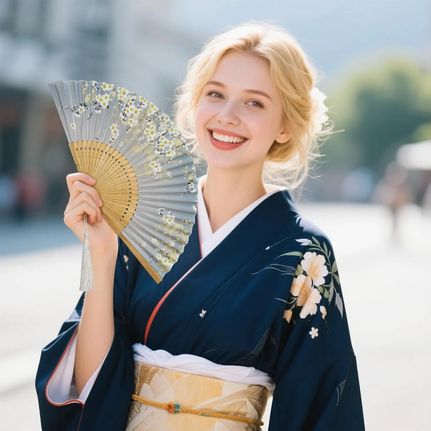 Folding Fan Handheld Bamboo Silk Hand Fans for Women Foldable Chinese/Japanese Style for Dancing Wedding Party Church Gift (Grey Sakura)