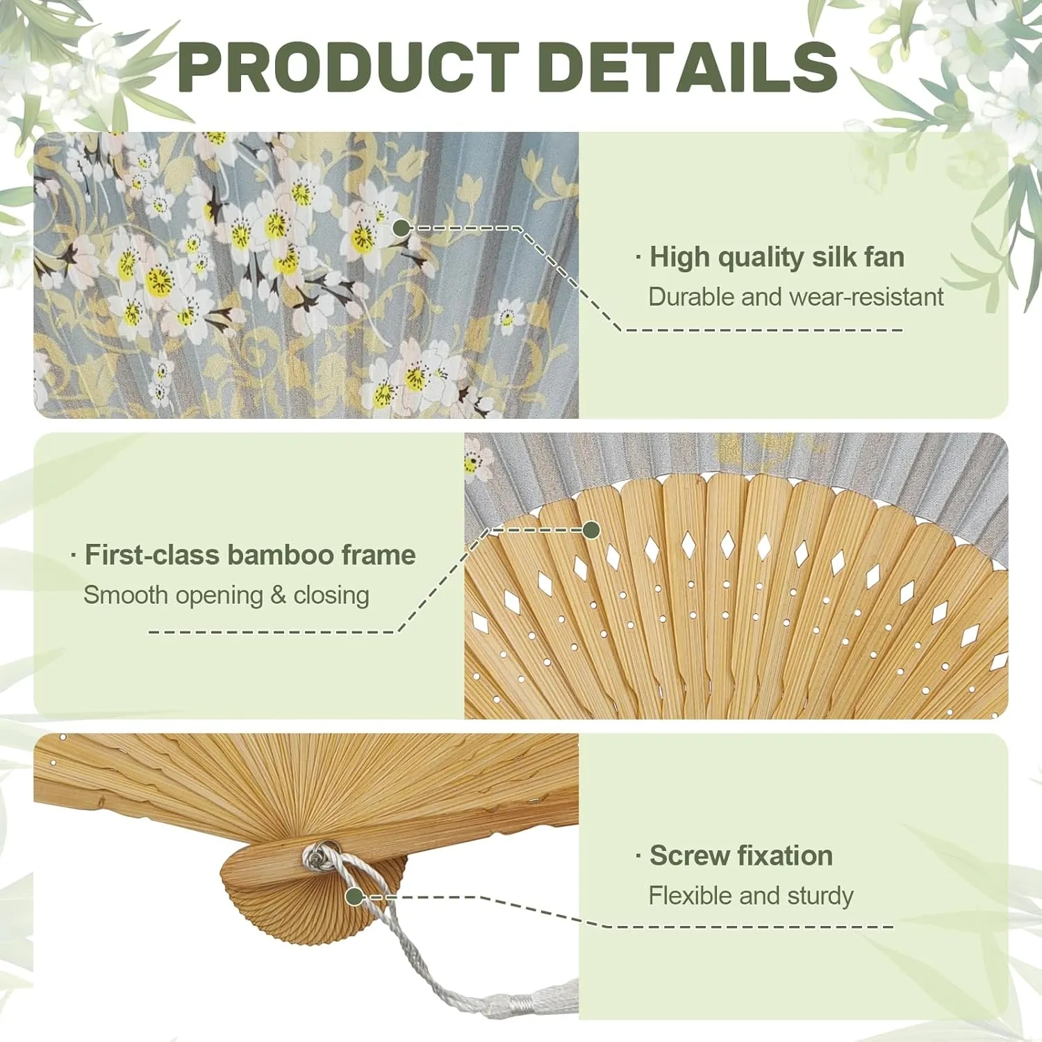 Folding Fan Handheld Bamboo Silk Hand Fans for Women Foldable Chinese/Japanese Style for Dancing Wedding Party Church Gift (Grey Sakura)