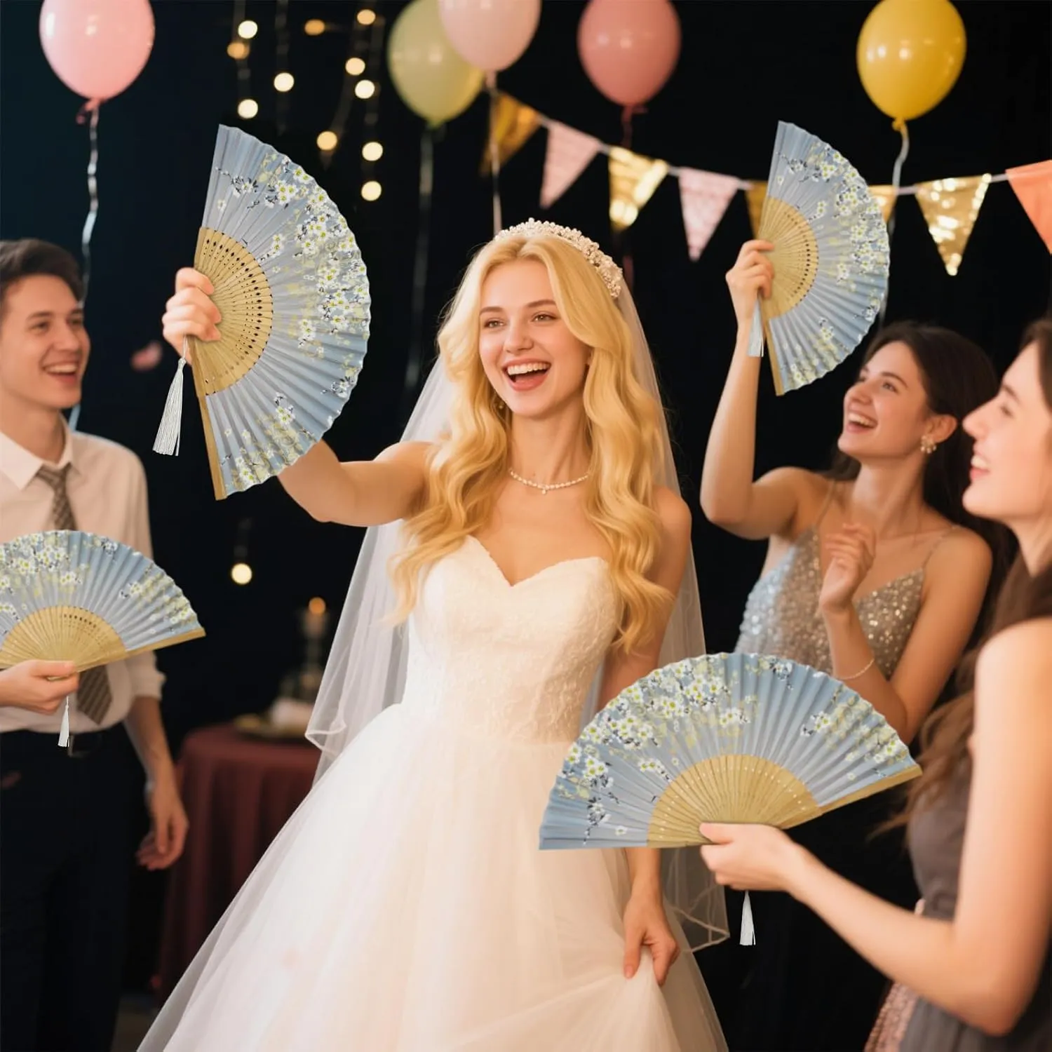 Folding Fan Handheld Bamboo Silk Hand Fans for Women Foldable Chinese/Japanese Style for Dancing Wedding Party Church Gift (Grey Sakura)