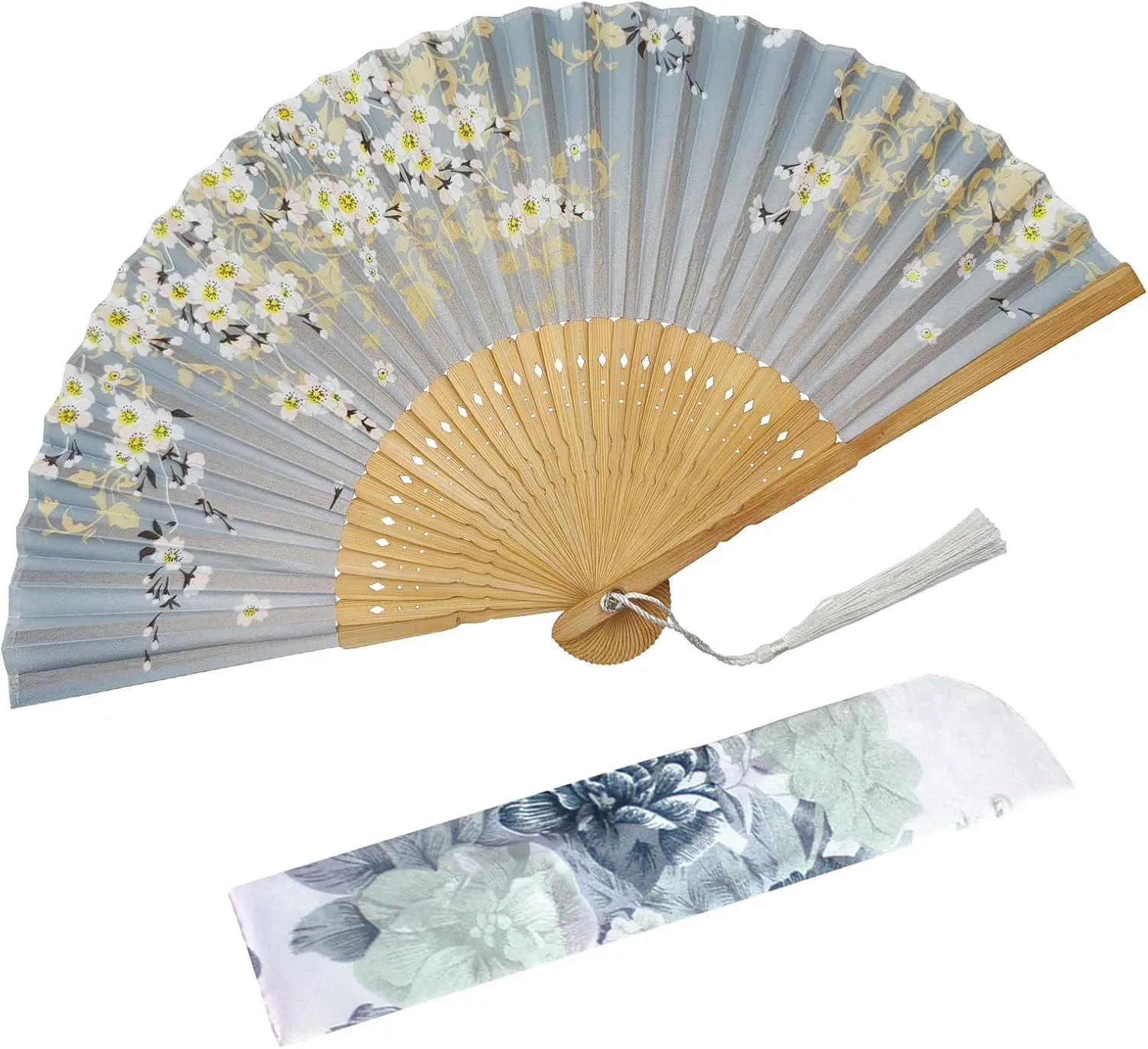 Folding Fan Handheld Bamboo Silk Hand Fans for Women Foldable Chinese/Japanese Style for Dancing Wedding Party Church Gift (Grey Sakura)