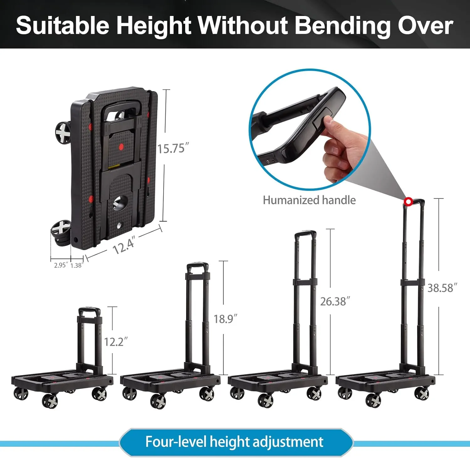 Folding Hand Truck, Lightweight Hand Truck Dolly Foldable,Luggage cart with 4 Rotate Wheels, Utility Cart with Adjustable Handle,Collapsible Dolly for Moving Travel Shopping Airport Office