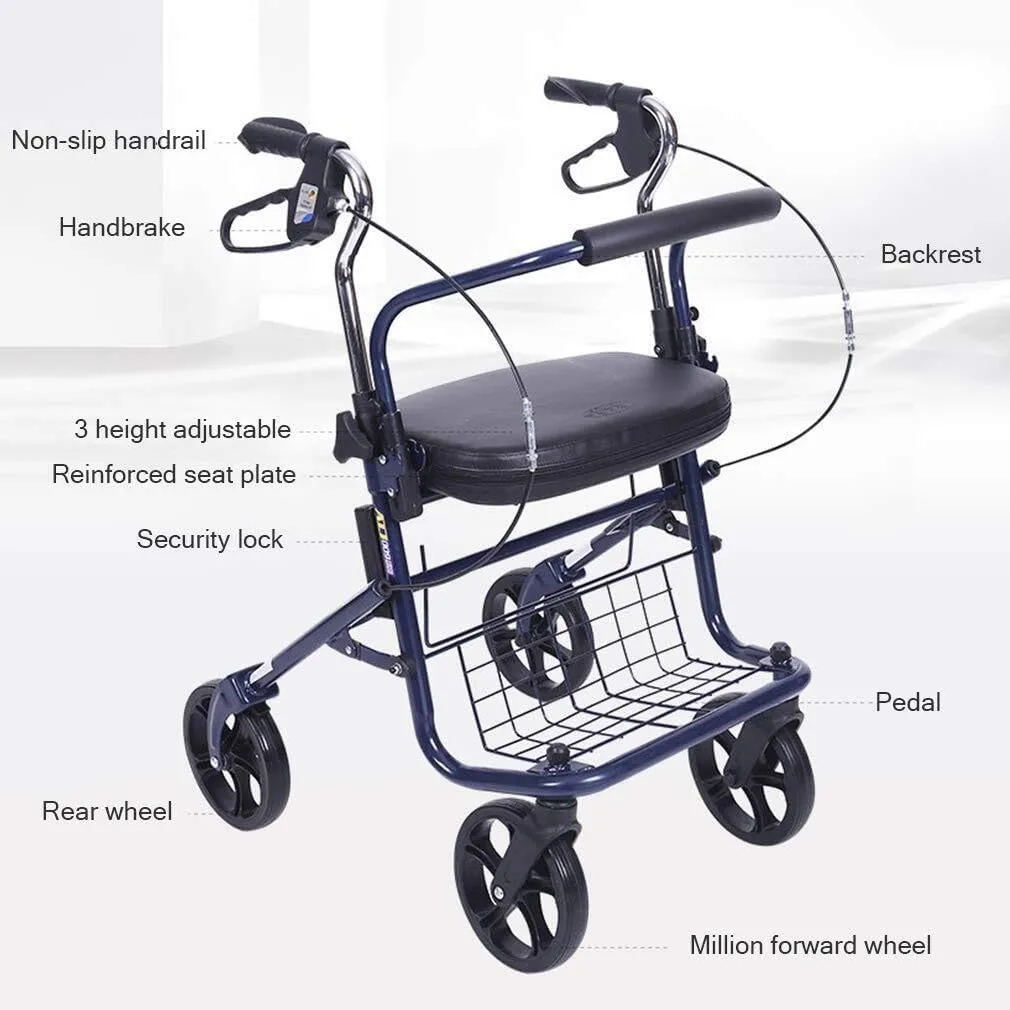 Folding Rollator Walker with Seat and Wheels, Lightweight Rolling Walker for Seniors, Mobility Aid with Storage Basket