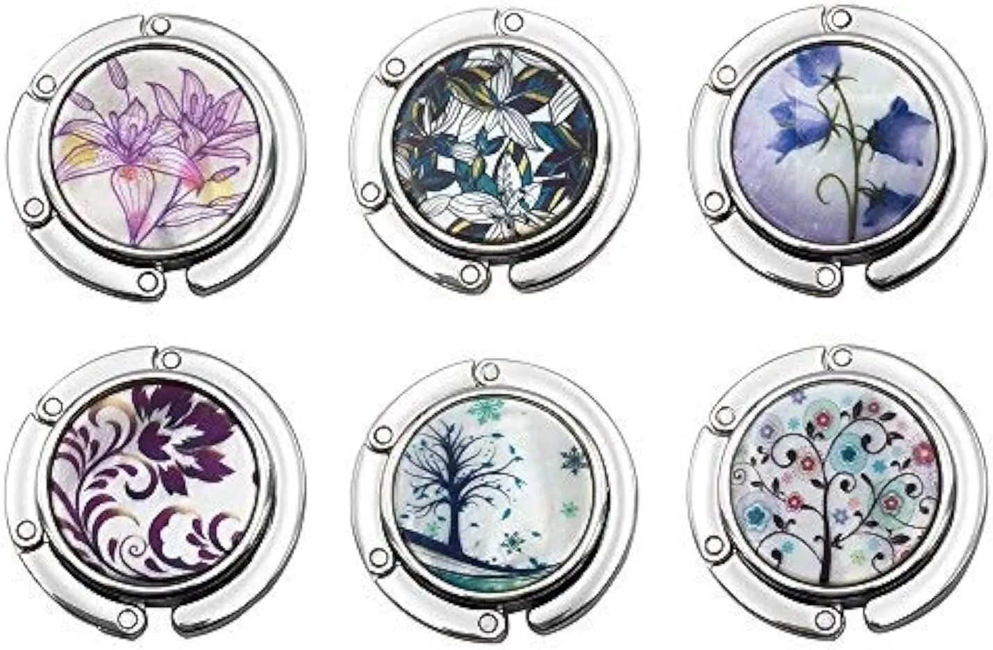 FOME Handbag Hanger, Set of 6 Foldable Purse Hook Purse Table Hook Holder Flower and Tree Pattern Bag Hanger Hook 3.54x1.77in Mixed Color