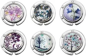 FOME Handbag Hanger, Set of 6 Foldable Purse Hook Purse Table Hook Holder Flower and Tree Pattern Bag Hanger Hook 3.54x1.77in Mixed Color