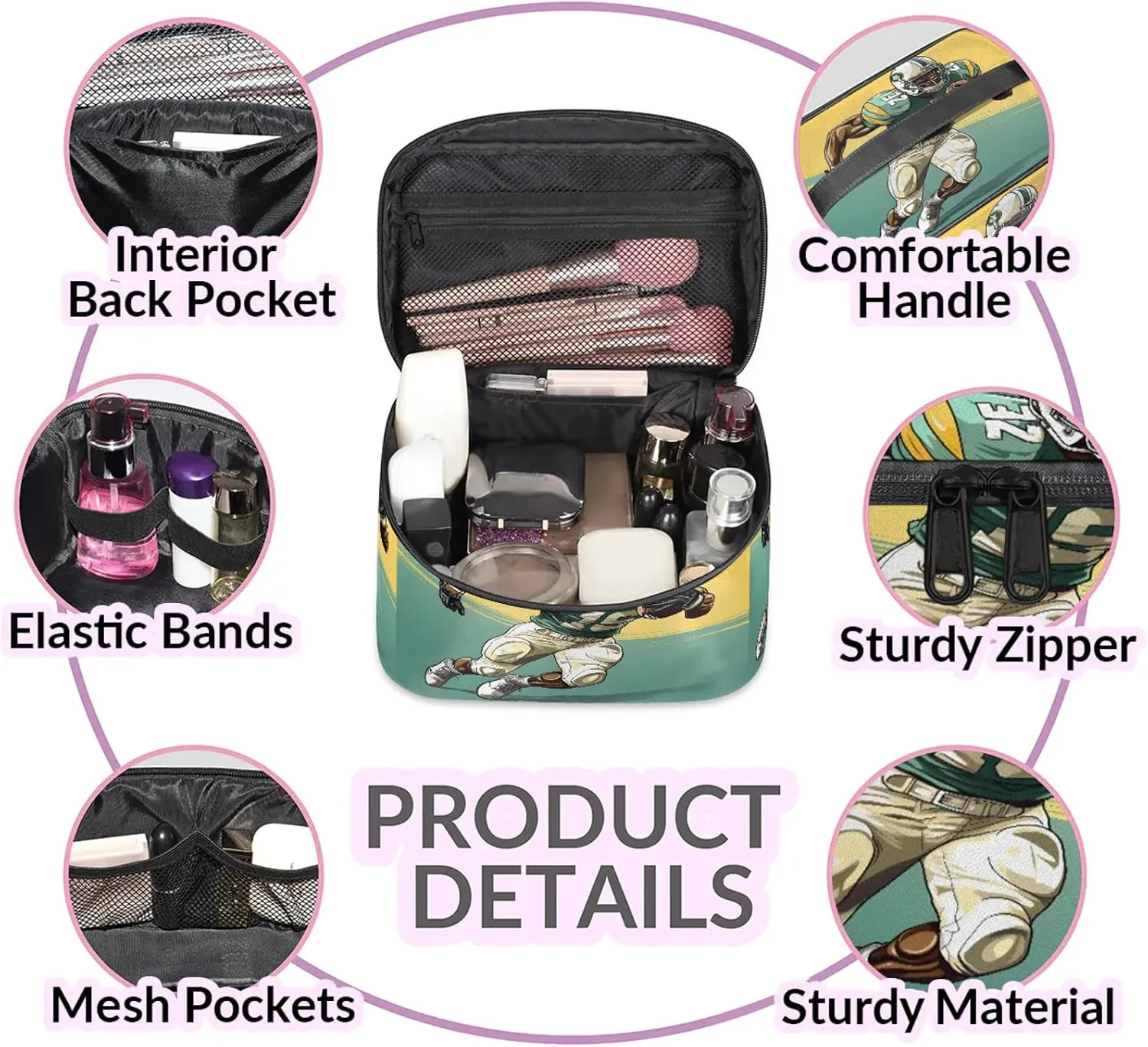 Football Player Travel Toiletry Bag Large Capacity Makeup Case Organizer with Handle Cosmetic Case for Women Girls