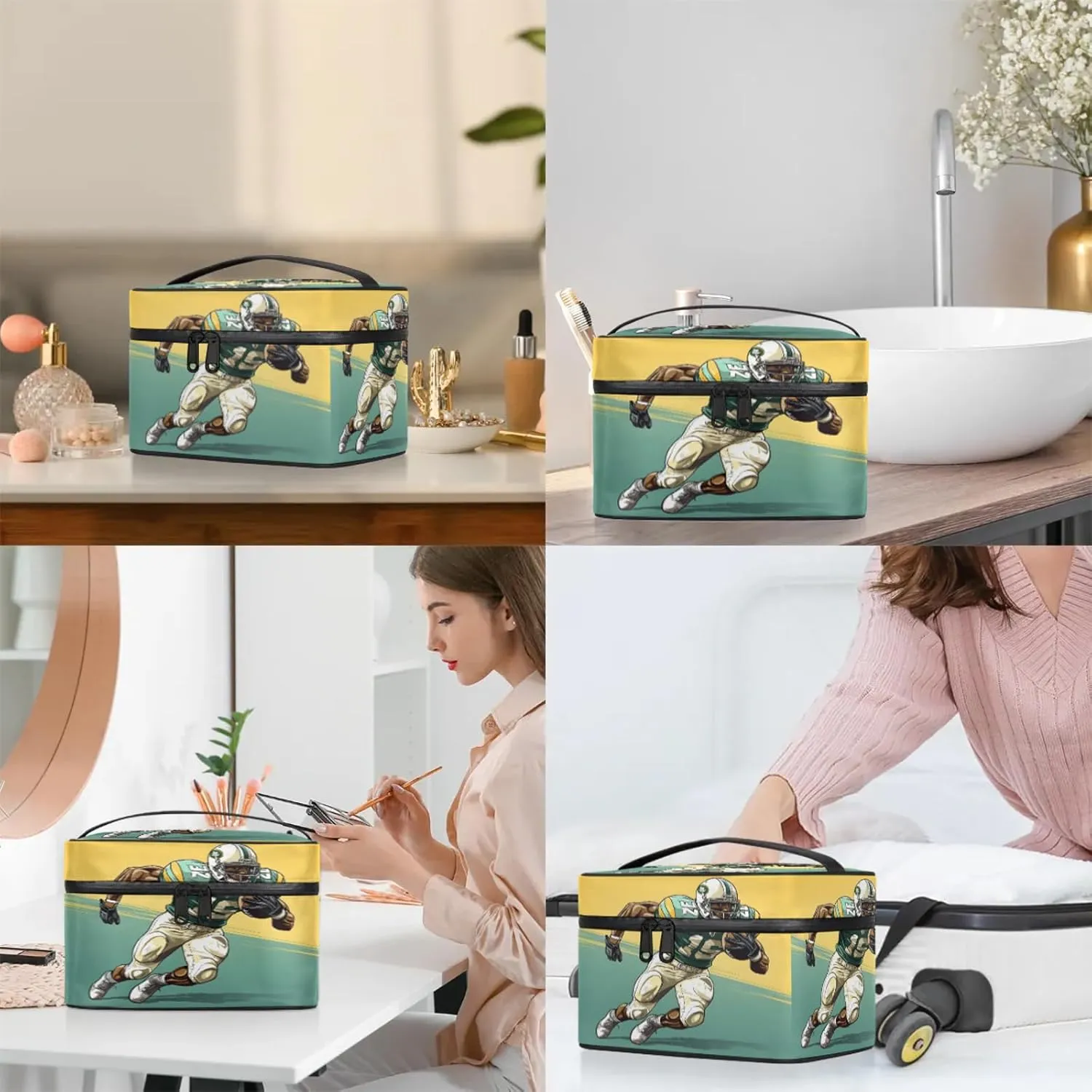 Football Player Travel Toiletry Bag Large Capacity Makeup Case Organizer with Handle Cosmetic Case for Women Girls