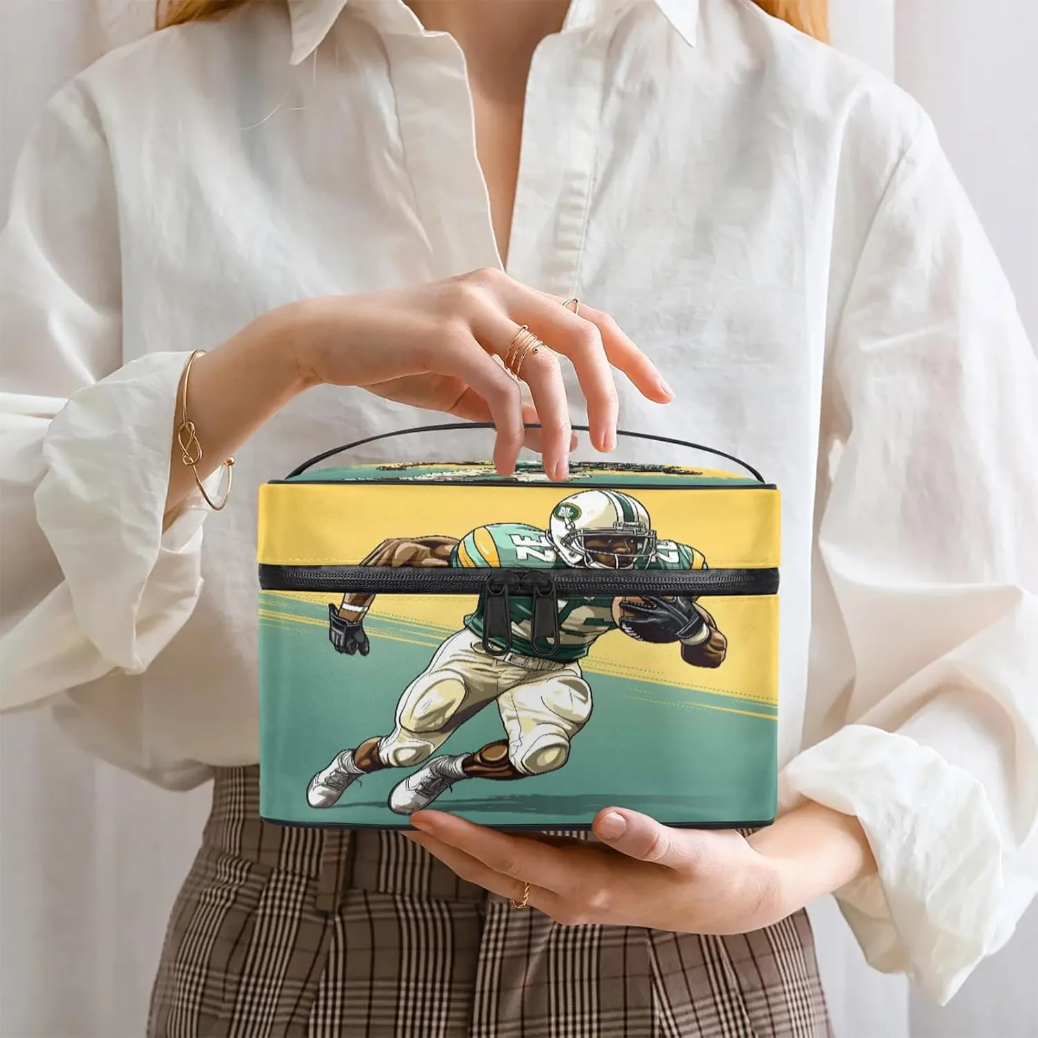 Football Player Travel Toiletry Bag Large Capacity Makeup Case Organizer with Handle Cosmetic Case for Women Girls