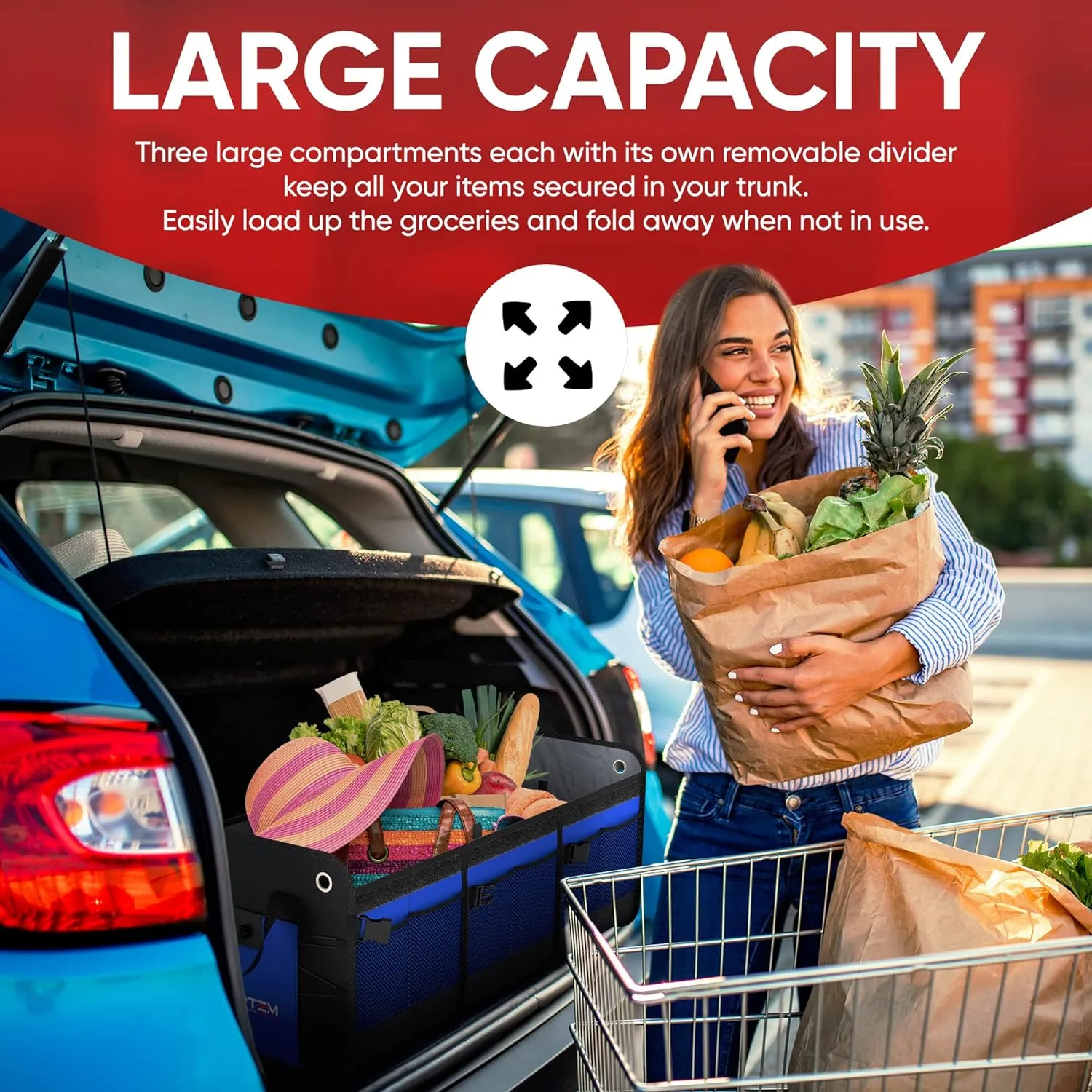 FORTEM SUV Trunk Organizer, Car Organizer, Collapsible Multi-Compartment Storage Bag for Car Accessories for Women Men, 1680D Oxford, Non Slip Bottom, Adjustable Straps, Soft Cover (90L)