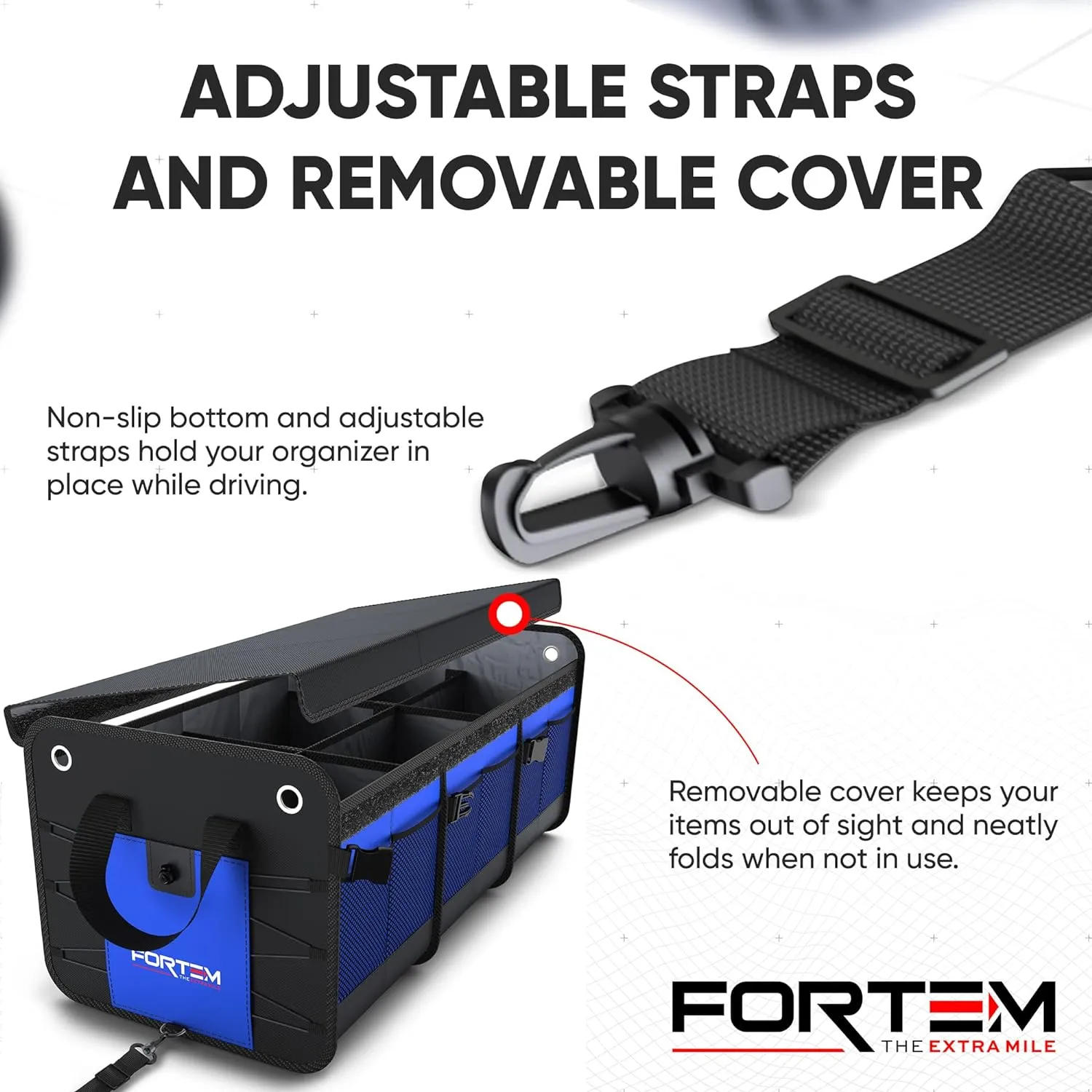 FORTEM SUV Trunk Organizer, Car Organizer, Collapsible Multi-Compartment Storage Bag for Car Accessories for Women Men, 1680D Oxford, Non Slip Bottom, Adjustable Straps, Soft Cover (90L)