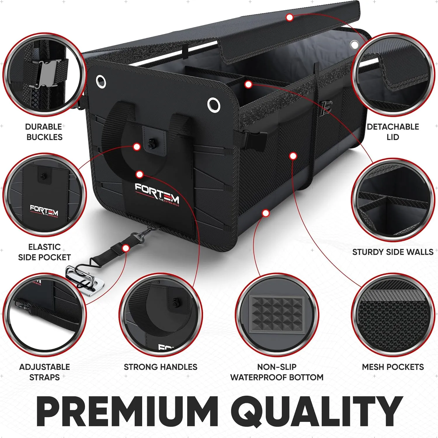 FORTEM SUV Trunk Organizer, Car Organizer, Collapsible Multi-Compartment Storage Bag for Car Accessories for Women Men, Non Slip Bottom, Adjustable Straps, Soft Cover 65L (Large, Black)