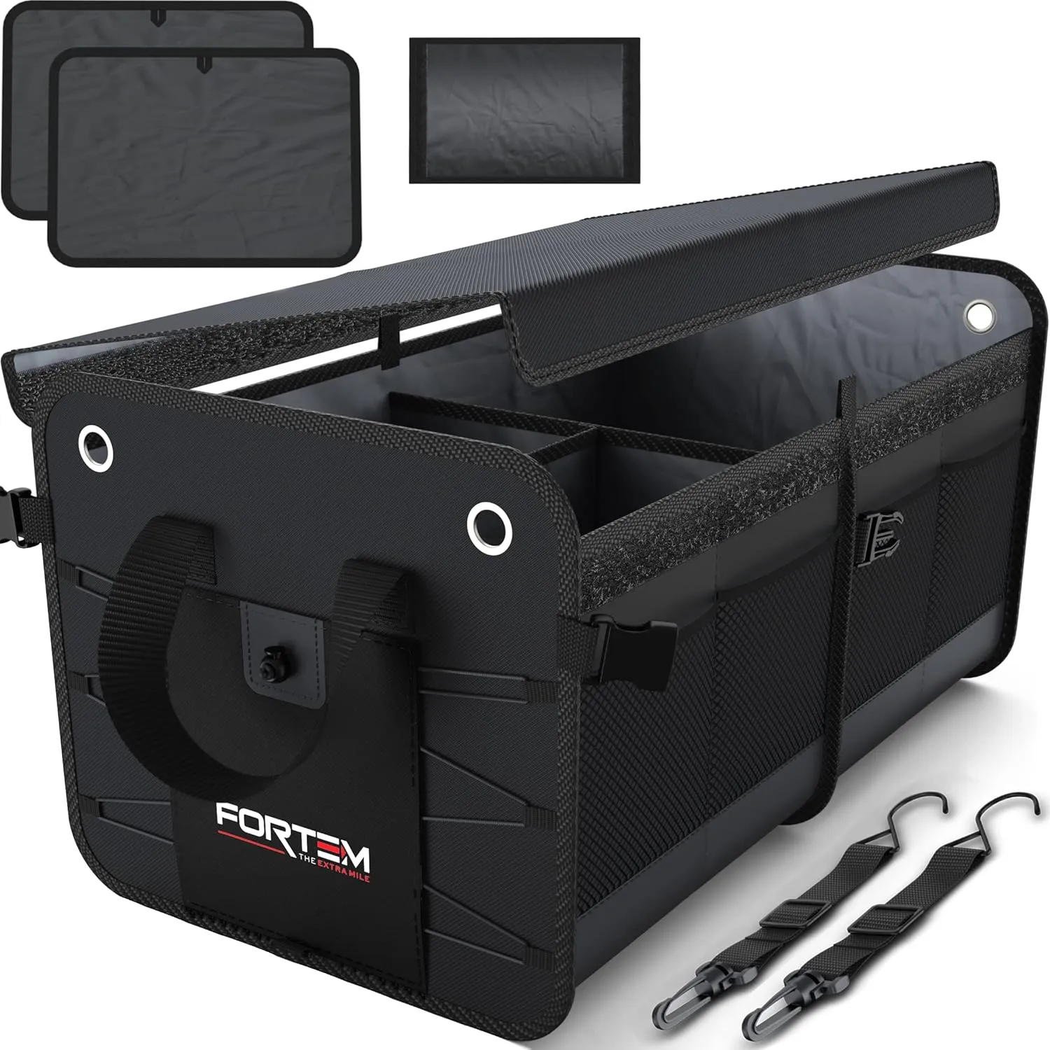 FORTEM SUV Trunk Organizer, Car Organizer, Collapsible Multi-Compartment Storage Bag for Car Accessories for Women Men, Non Slip Bottom, Adjustable Straps, Soft Cover 65L (Large, Black)