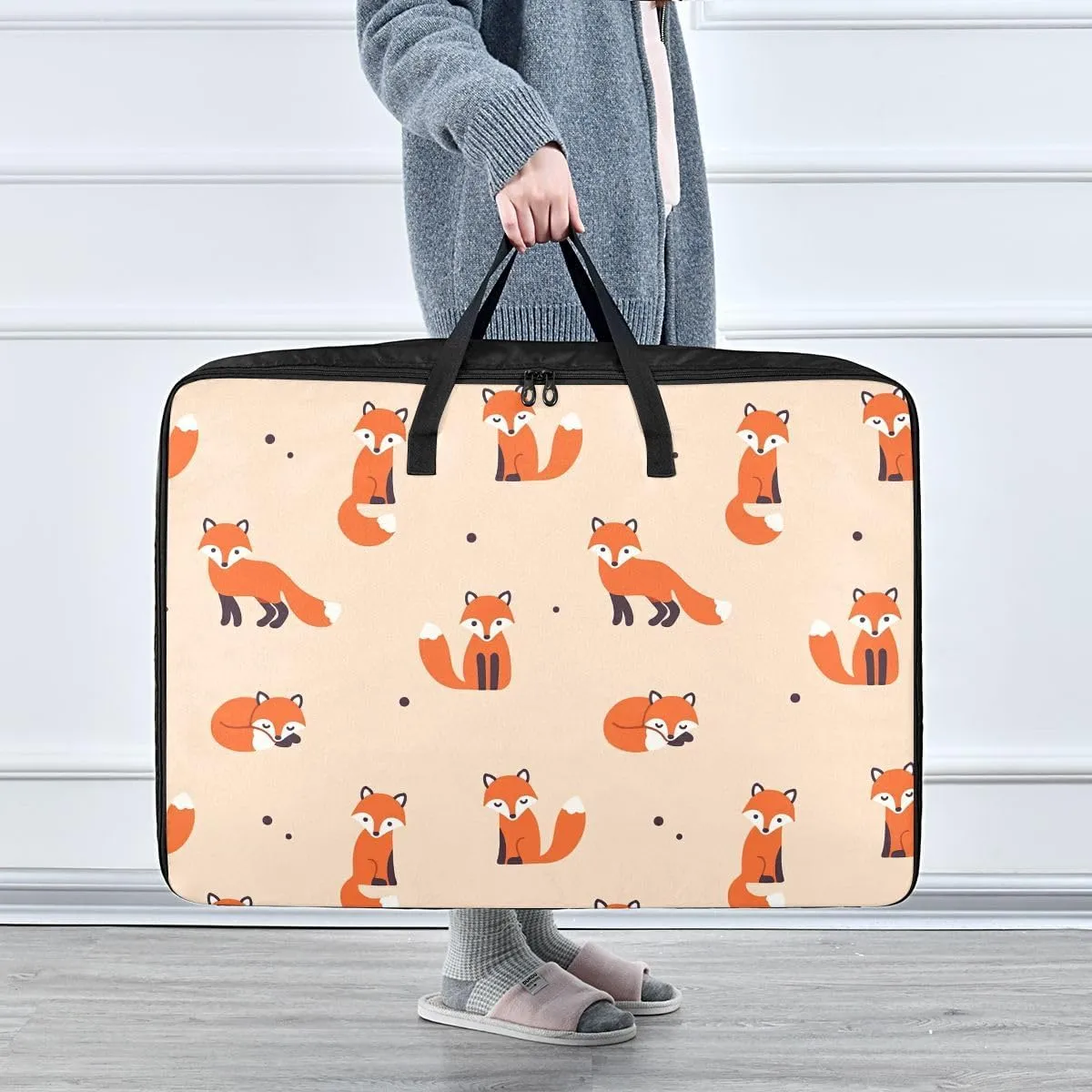 Fox Pattern Storage Bag, 27.5x19.7x11 In, Reusable and Sustainable Zippered Storage Bag for Moving