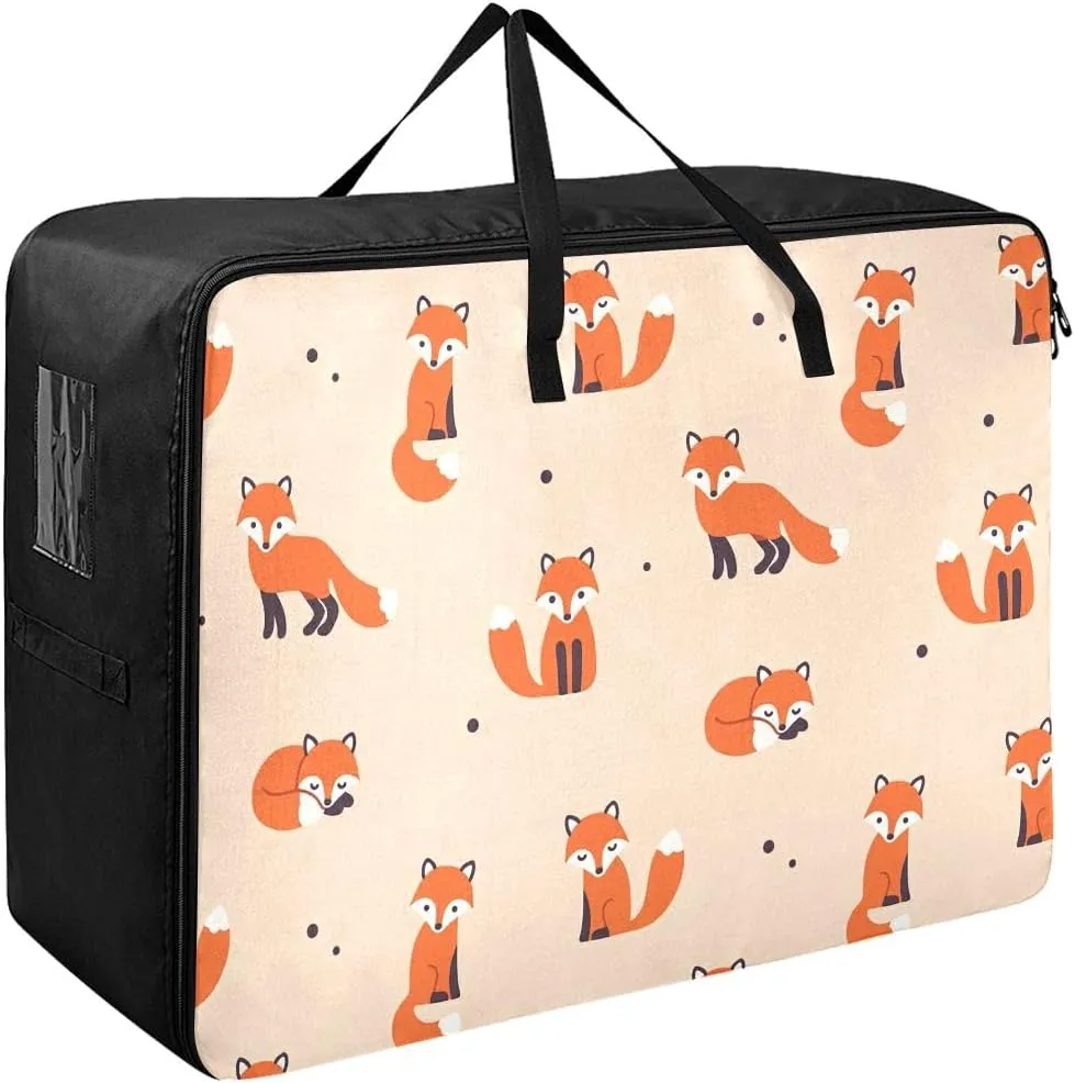 Fox Pattern Storage Bag, 27.5x19.7x11 In, Reusable and Sustainable Zippered Storage Bag for Moving