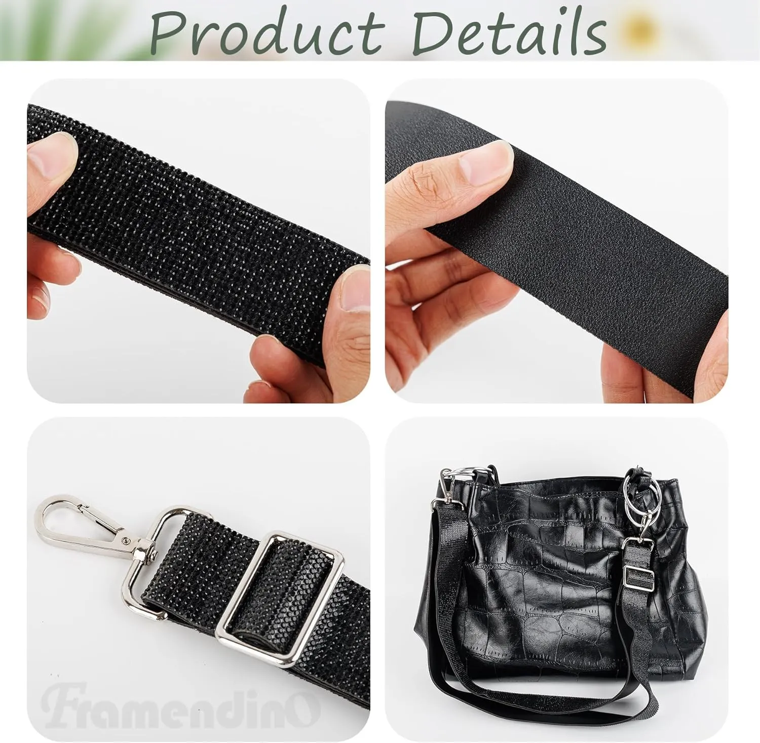 Framendino, 1 Pack Rhinestone Adjustable Purse Straps 1.5 Inch Wide Shoulder Belt Guitar Style Cross Body Bag Strap Replacement Crystal Handbag Black