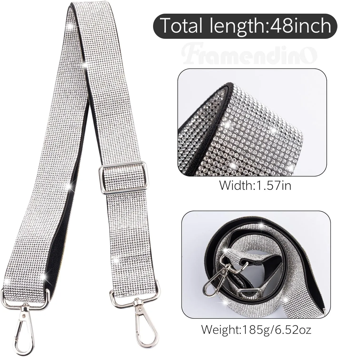 Framendino, 1 Pack Rhinestone Adjustable Purse Straps 1.5 Inch Wide Shoulder Belt Guitar Style Cross Body Bag Strap Replacement Crystal Handbag for Women (Silver)