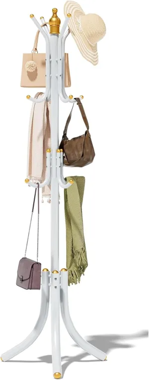 Free-Standing Coat Rack Metal Stand Hanger 12-Hooks Organizer, Hall Tree Entry-Way Furniture for Hanging Up Jacket, Hand-Bag, Cloth, Hat, Winter Scarf Holder for Home or Office Floor White