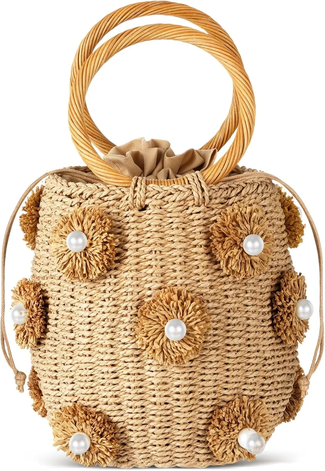 Frienda Summer Straw Bags for Women - Beach Drawstring Straw Bucket Tote Pearl Flower Diamond Rattan Handbag