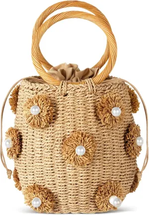 Frienda Summer Straw Bags for Women - Beach Drawstring Straw Bucket Tote Pearl Flower Diamond Rattan Handbag