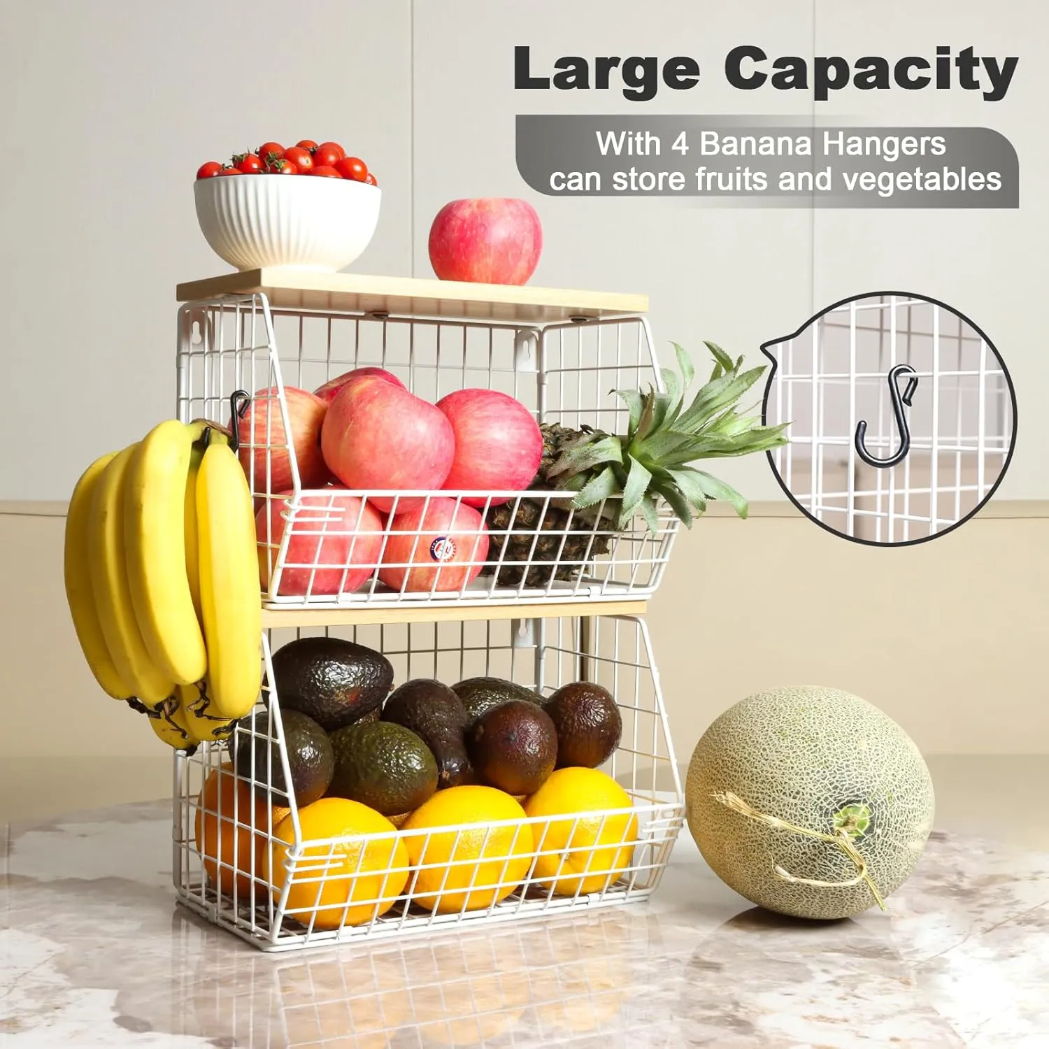 Fruit Basket, 2-Tier Fruit Bowl for Kitchen Counter, Stackable Wall Mounted Fruit Storage, Snack Organizer, Potato and Onion Storage Basket, Hanging Pantry Storage with Wood Lid, 2 Set, White
