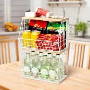 Fruit Basket, 2-Tier Fruit Bowl for Kitchen Counter, Stackable Wall Mounted Fruit Storage, Snack Organizer, Potato and Onion Storage Basket, Hanging Pantry Storage with Wood Lid, 2 Set, White