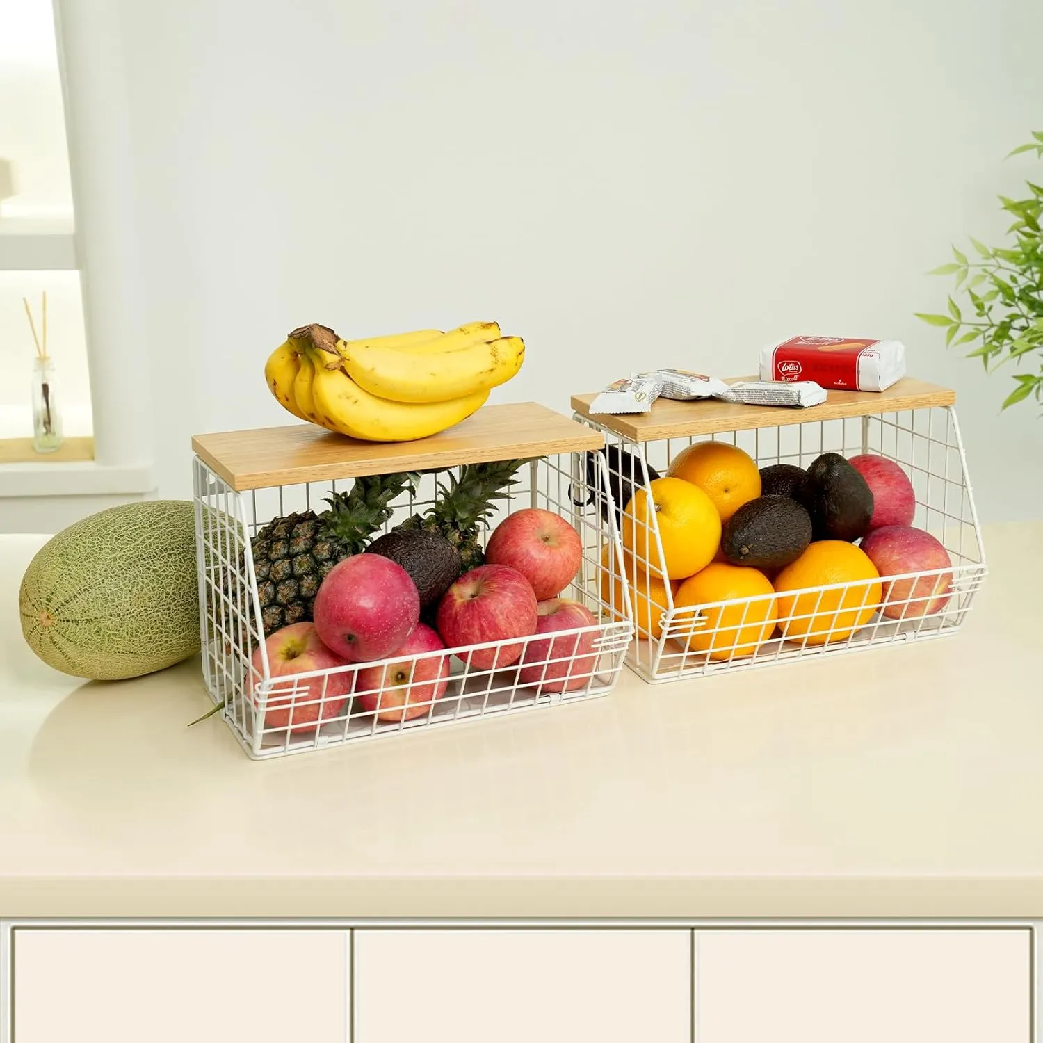 Fruit Basket, 2-Tier Fruit Bowl for Kitchen Counter, Stackable Wall Mounted Fruit Storage, Snack Organizer, Potato and Onion Storage Basket, Hanging Pantry Storage with Wood Lid, 2 Set, White