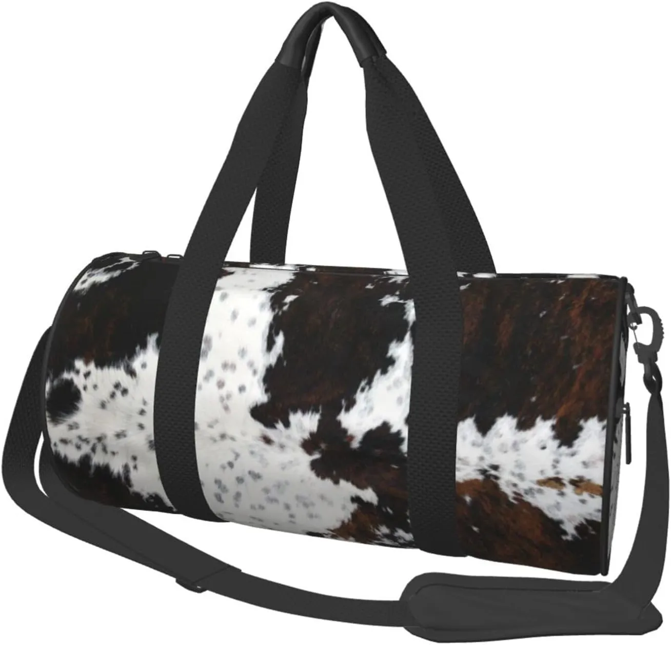 Full Framed Spotted White Brown Cow Skin Texture Round Travel Duffel Bag Large Capacity Gym Sports Bags for Hiking Vacation Trips