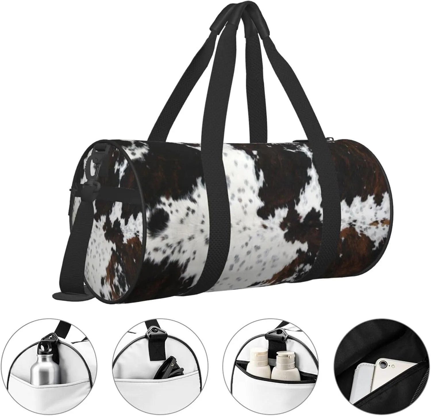 Full Framed Spotted White Brown Cow Skin Texture Round Travel Duffel Bag Large Capacity Gym Sports Bags for Hiking Vacation Trips