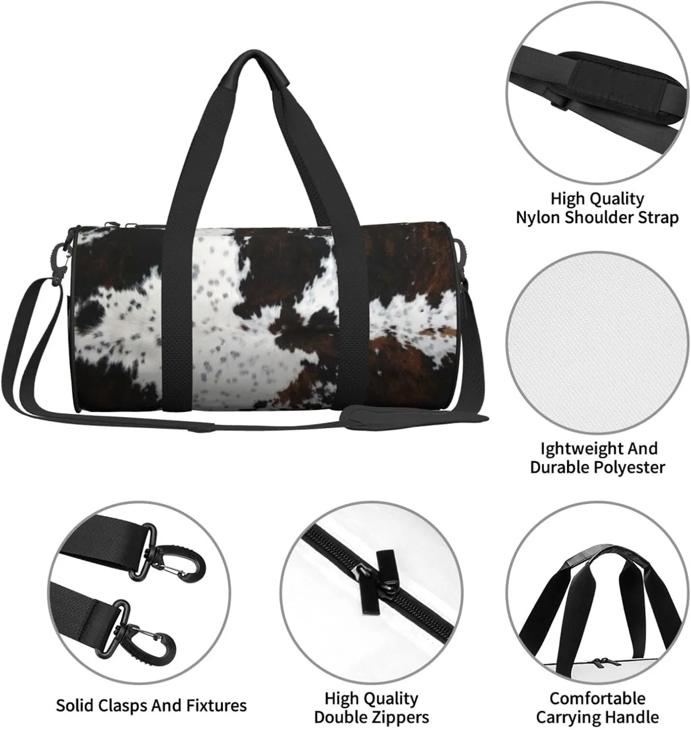 Full Framed Spotted White Brown Cow Skin Texture Round Travel Duffel Bag Large Capacity Gym Sports Bags for Hiking Vacation Trips
