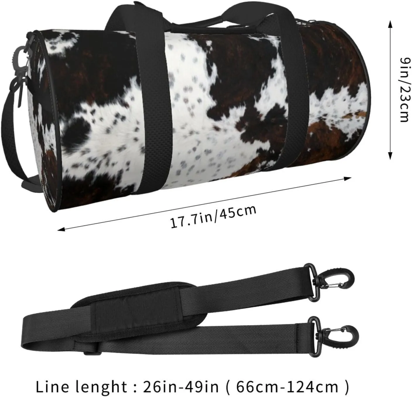 Full Framed Spotted White Brown Cow Skin Texture Round Travel Duffel Bag Large Capacity Gym Sports Bags for Hiking Vacation Trips