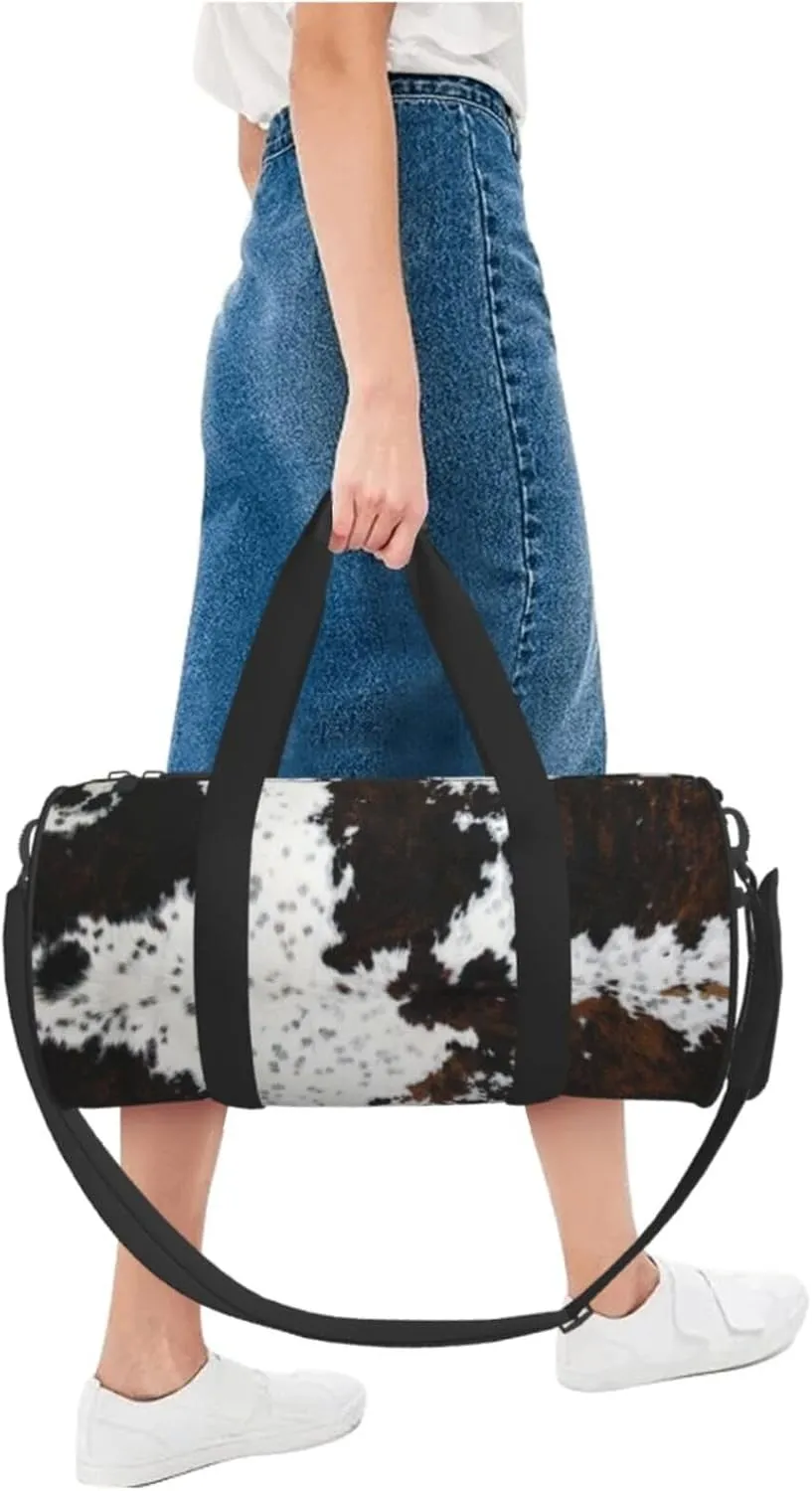 Full Framed Spotted White Brown Cow Skin Texture Round Travel Duffel Bag Large Capacity Gym Sports Bags for Hiking Vacation Trips