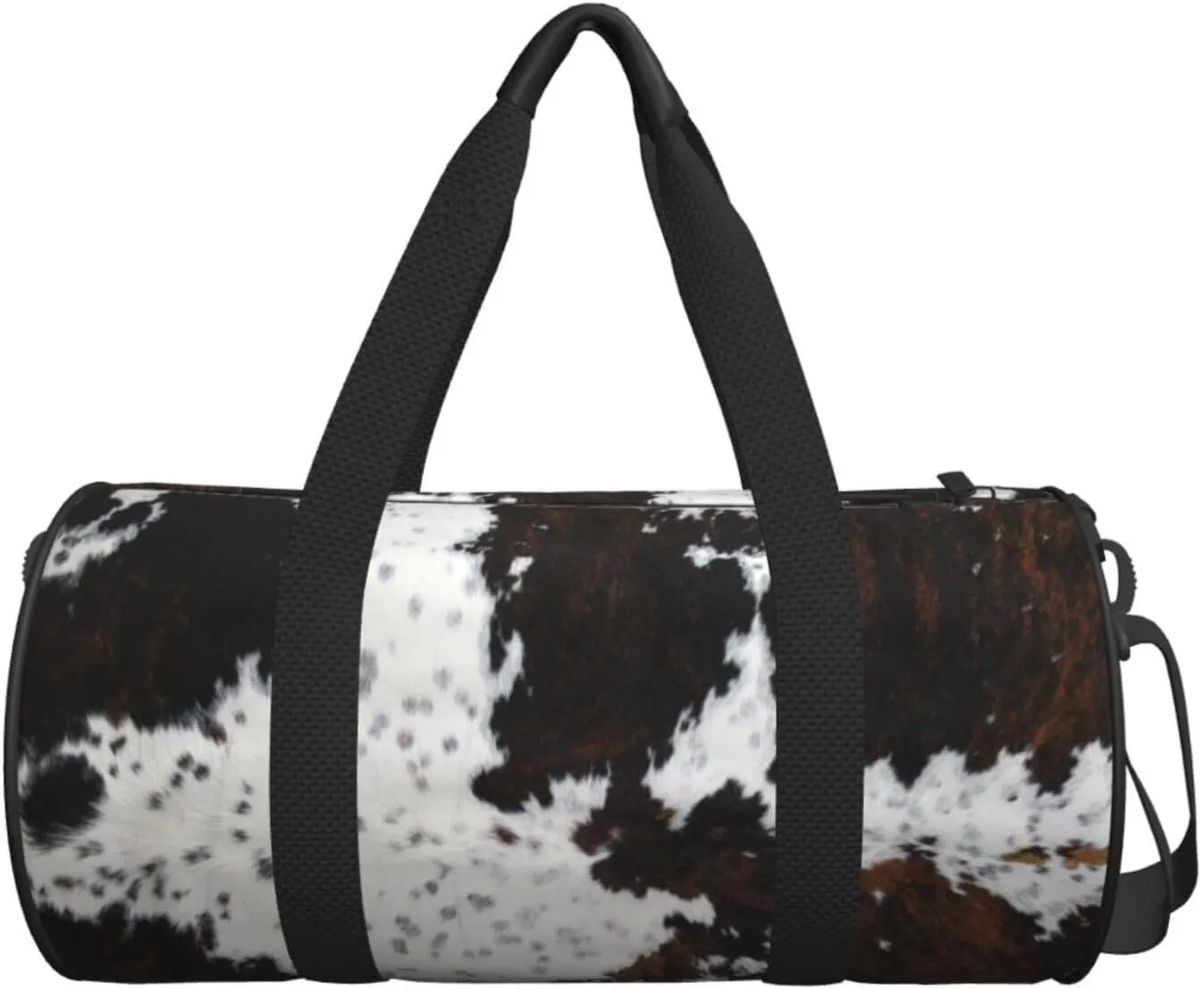 Full Framed Spotted White Brown Cow Skin Texture Round Travel Duffel Bag Large Capacity Gym Sports Bags for Hiking Vacation Trips