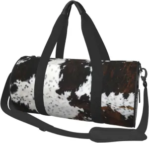 Full Framed Spotted White Brown Cow Skin Texture Round Travel Duffel Bag Large Capacity Gym Sports Bags for Hiking Vacation Trips