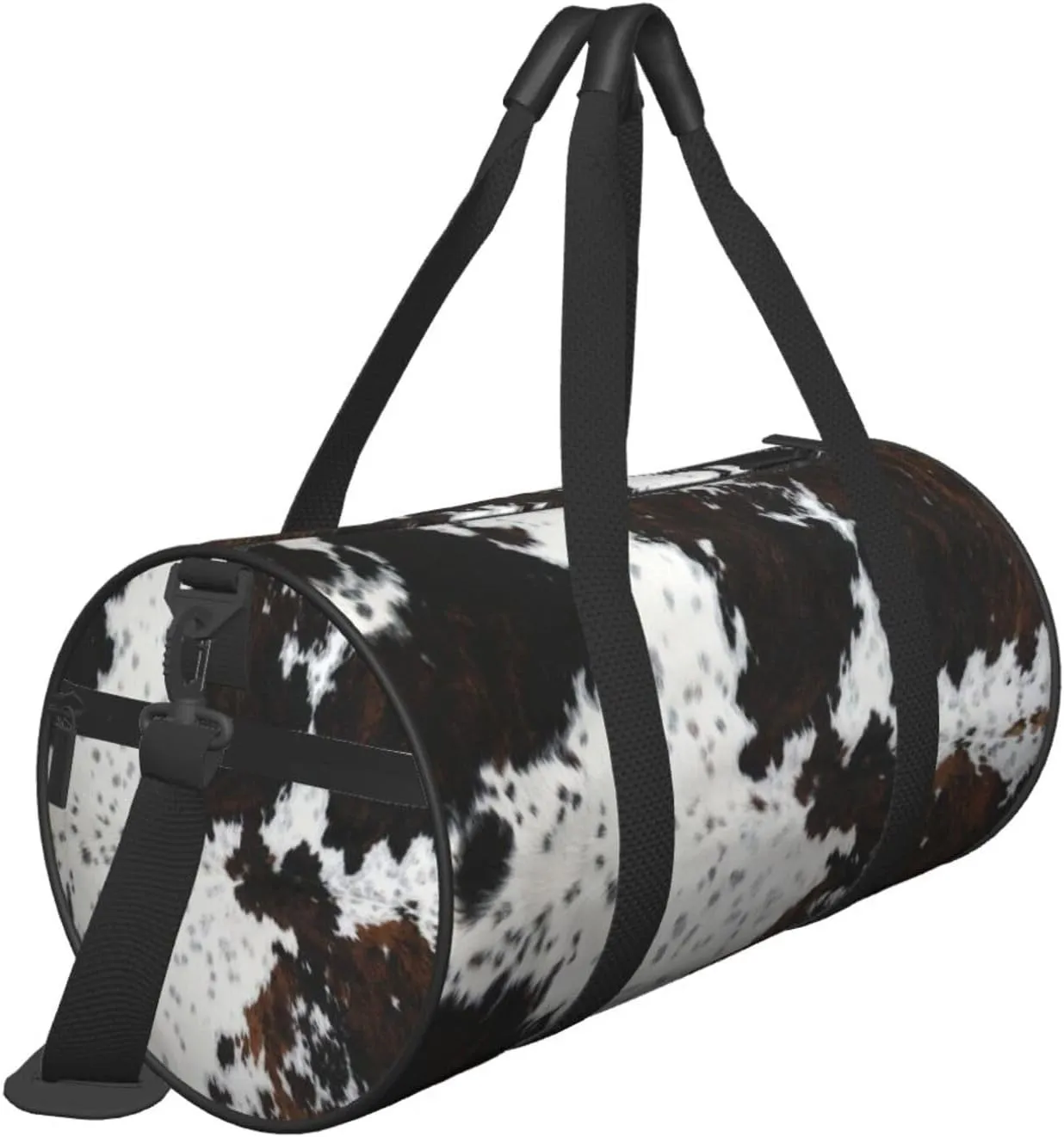 Full Framed Spotted White Brown Cow Skin Texture Round Travel Duffel Bag Large Capacity Gym Sports Bags for Hiking Vacation Trips